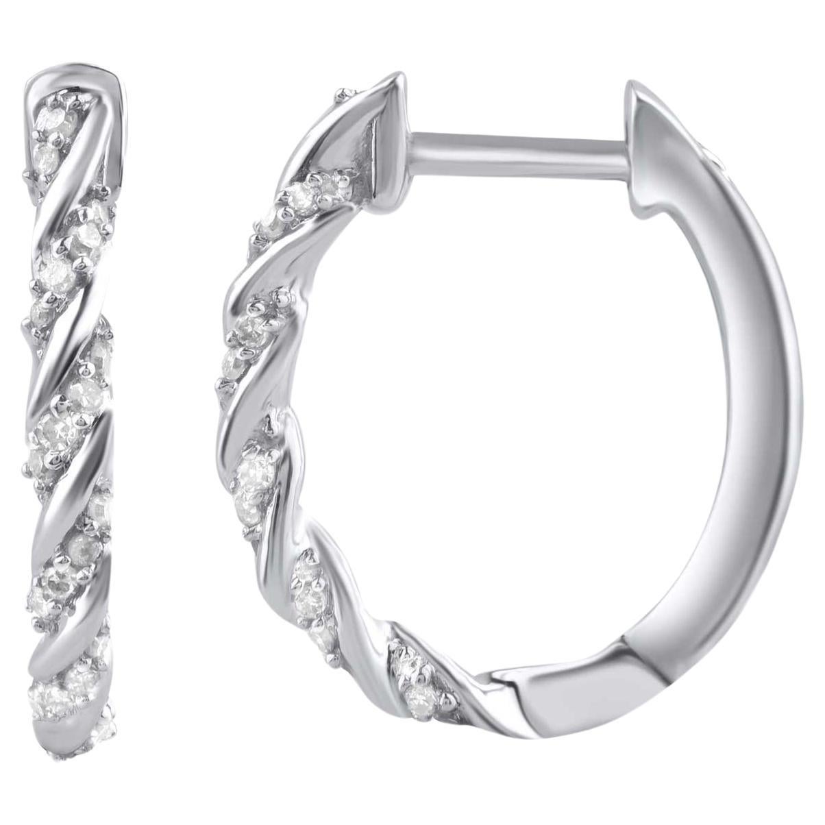 TJD 0.12 Carat Natural Round Diamond 14 Karat White Gold Huggie Hoop Earrings For Sale