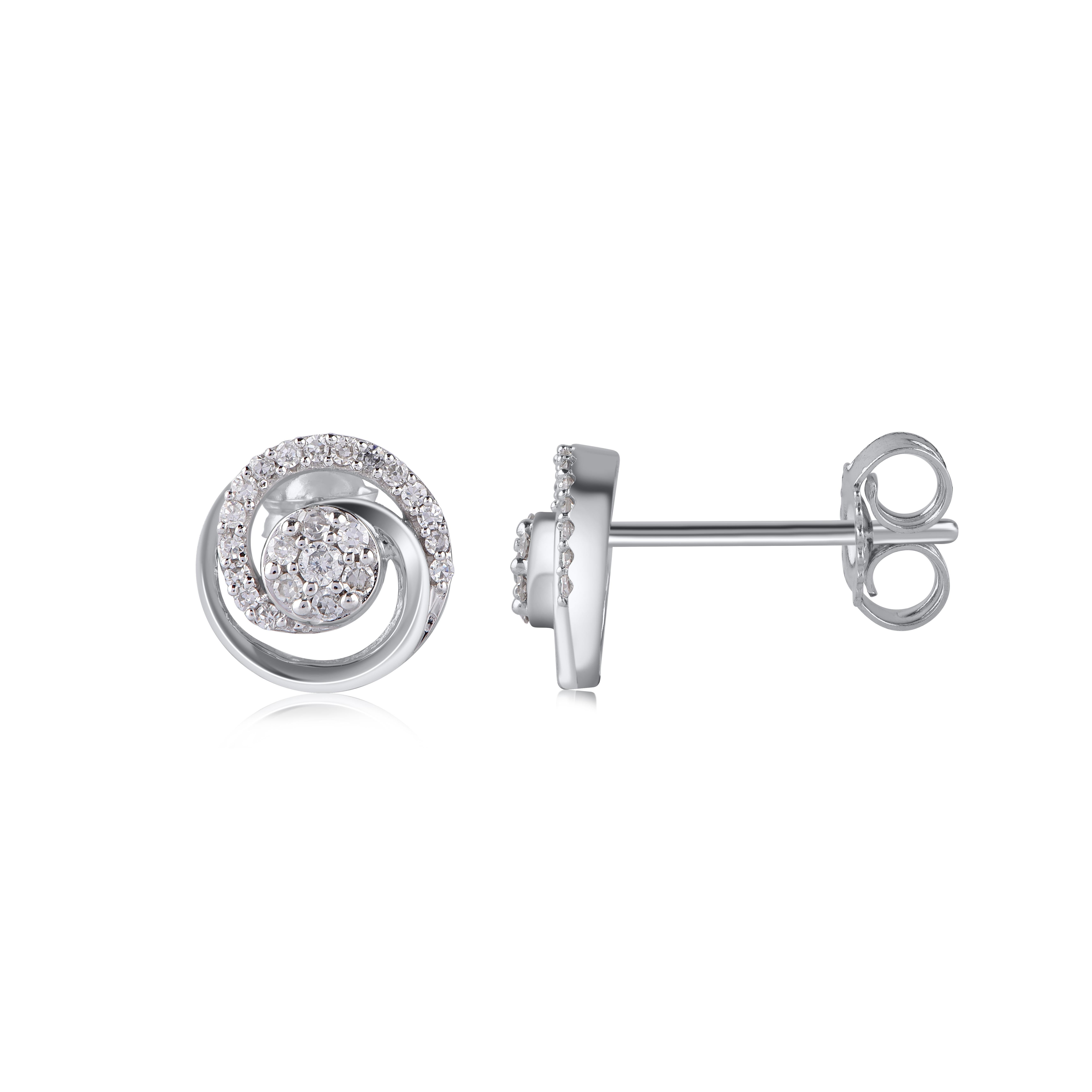 Art Deco TJD 0.12 Carat Natural Round Diamond 14 Karat White Gold Swirl Stud Earrings For Sale