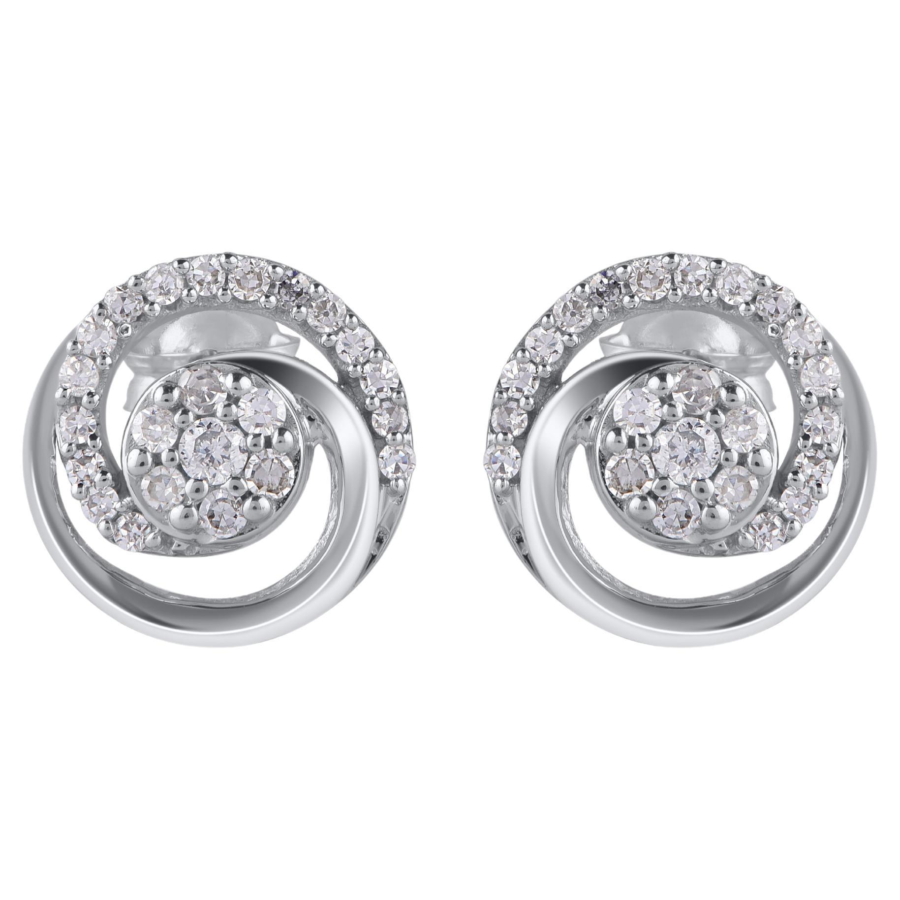 TJD 0.12 Carat Natural Round Diamond 14 Karat White Gold Swirl Stud Earrings