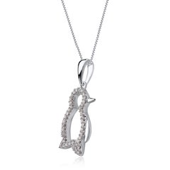 TJD 0.12 Carat Natural Round Diamond 14KT White Gold Penguin Pendant Necklace