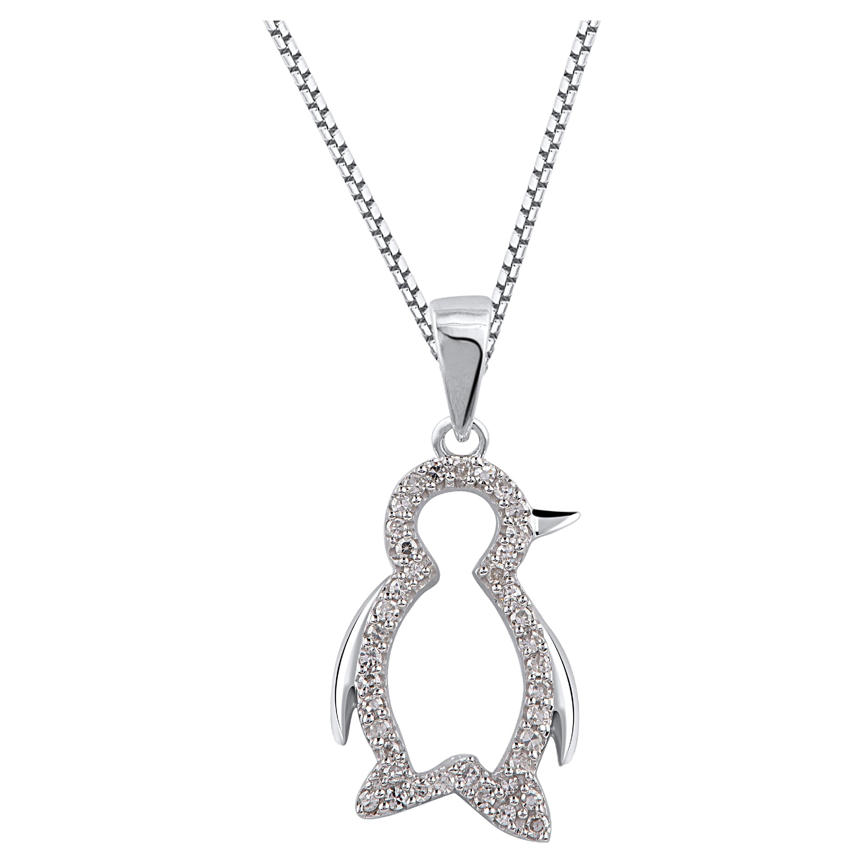 TJD 0.12 Carat Natural Round Diamond 14KT White Gold Penguin Pendant Necklace For Sale