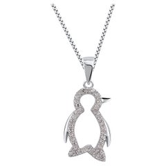 TJD 0.12 Carat Natural Round Diamond 14KT White Gold Penguin Pendant Necklace