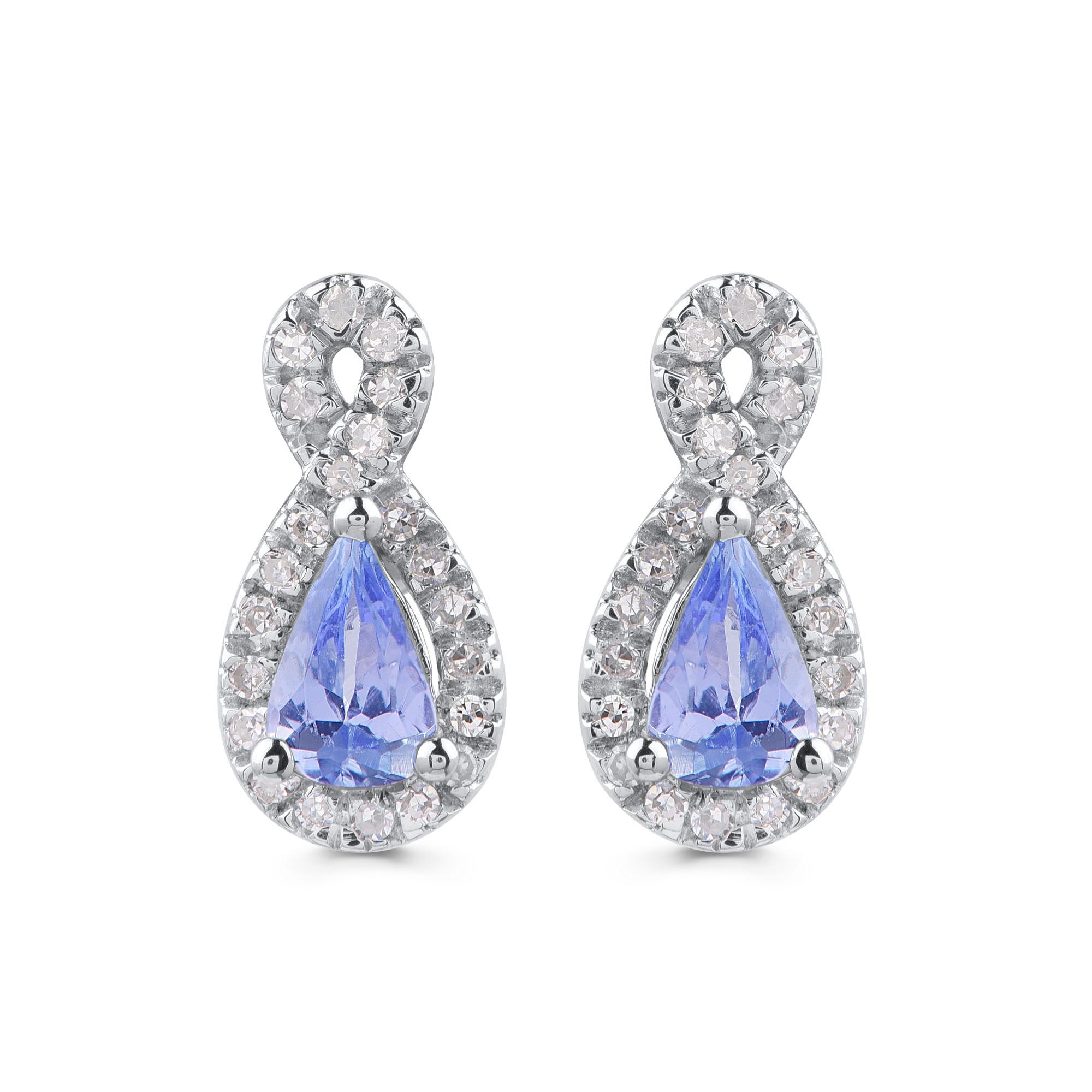 Modern TJD 0.12 CTW Diamond and 5X3MM Pear Tanzanite 10 K White Gold Infinity Earrings For Sale