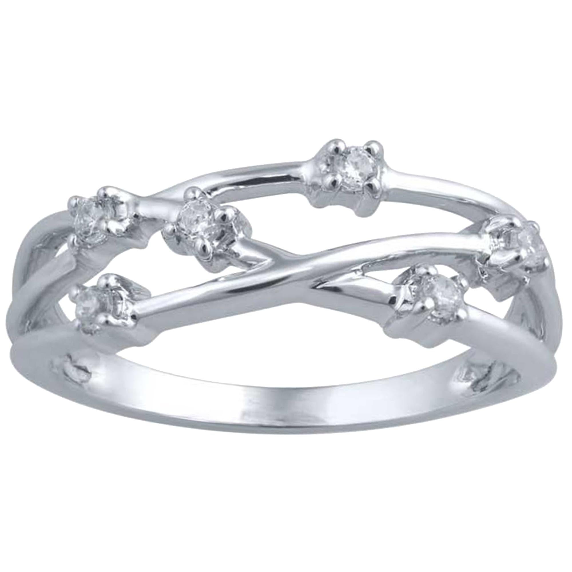 TJD 0.12 Carat Round Diamond 14 Karat White Gold Crossover Designer Fashion Ring For Sale