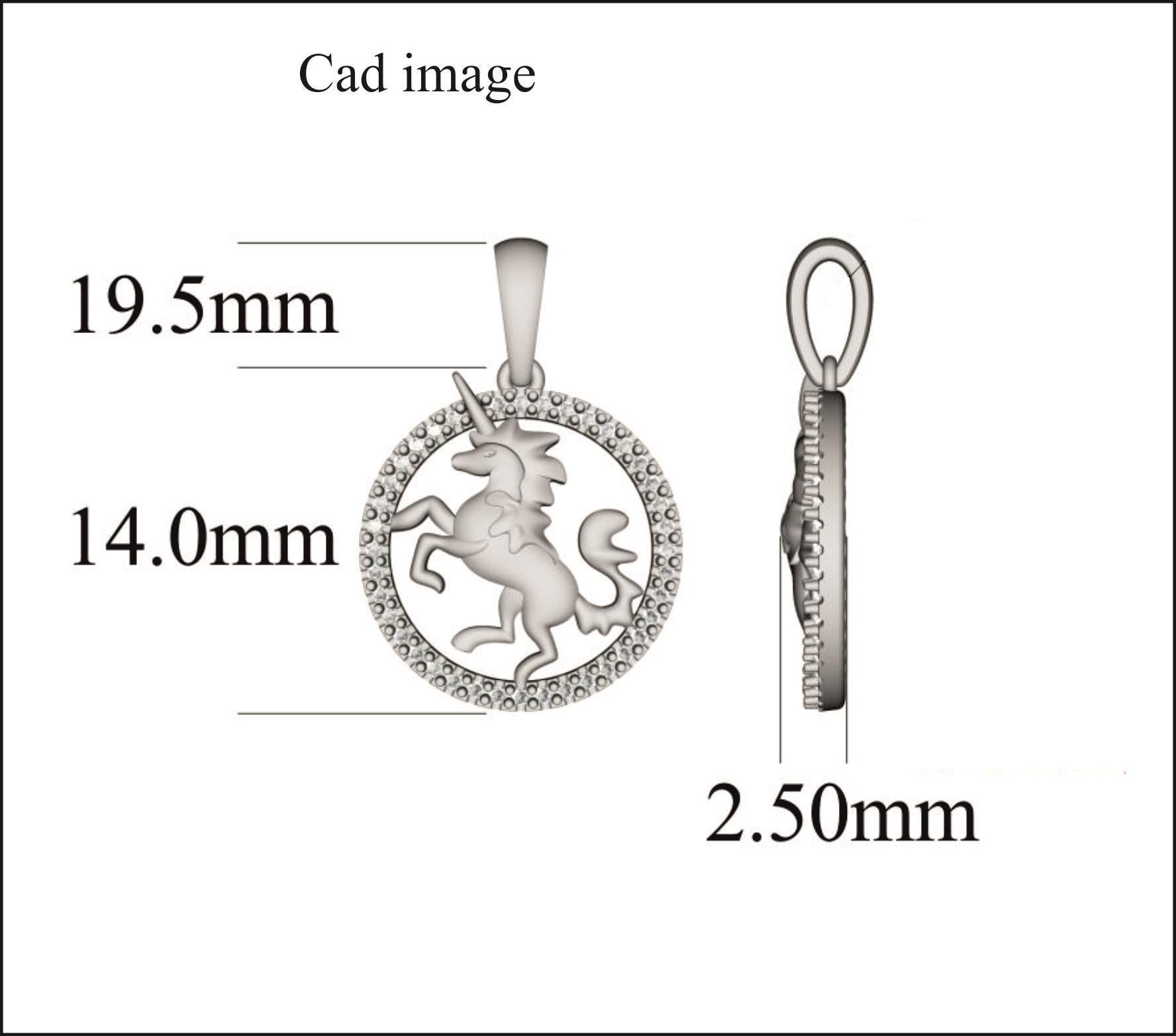Round Cut TJD 0.12 Carat Round Diamond 14 Karat Rose Gold Flying Unicorn Circle Pendant For Sale