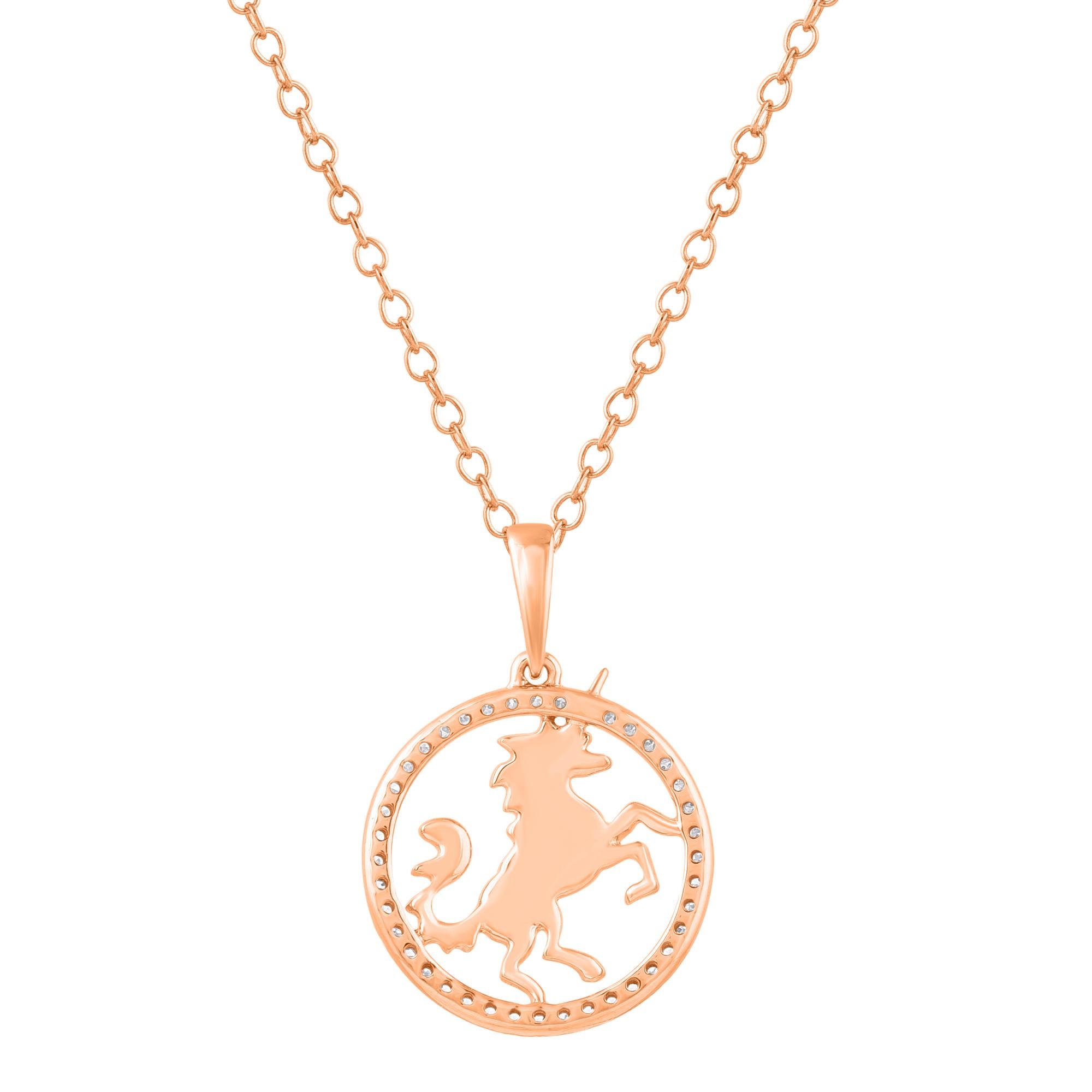 TJD 0.12 Carat Round Diamond 14 Karat Rose Gold Flying Unicorn Circle Pendentif Neuf - En vente à New York, NY