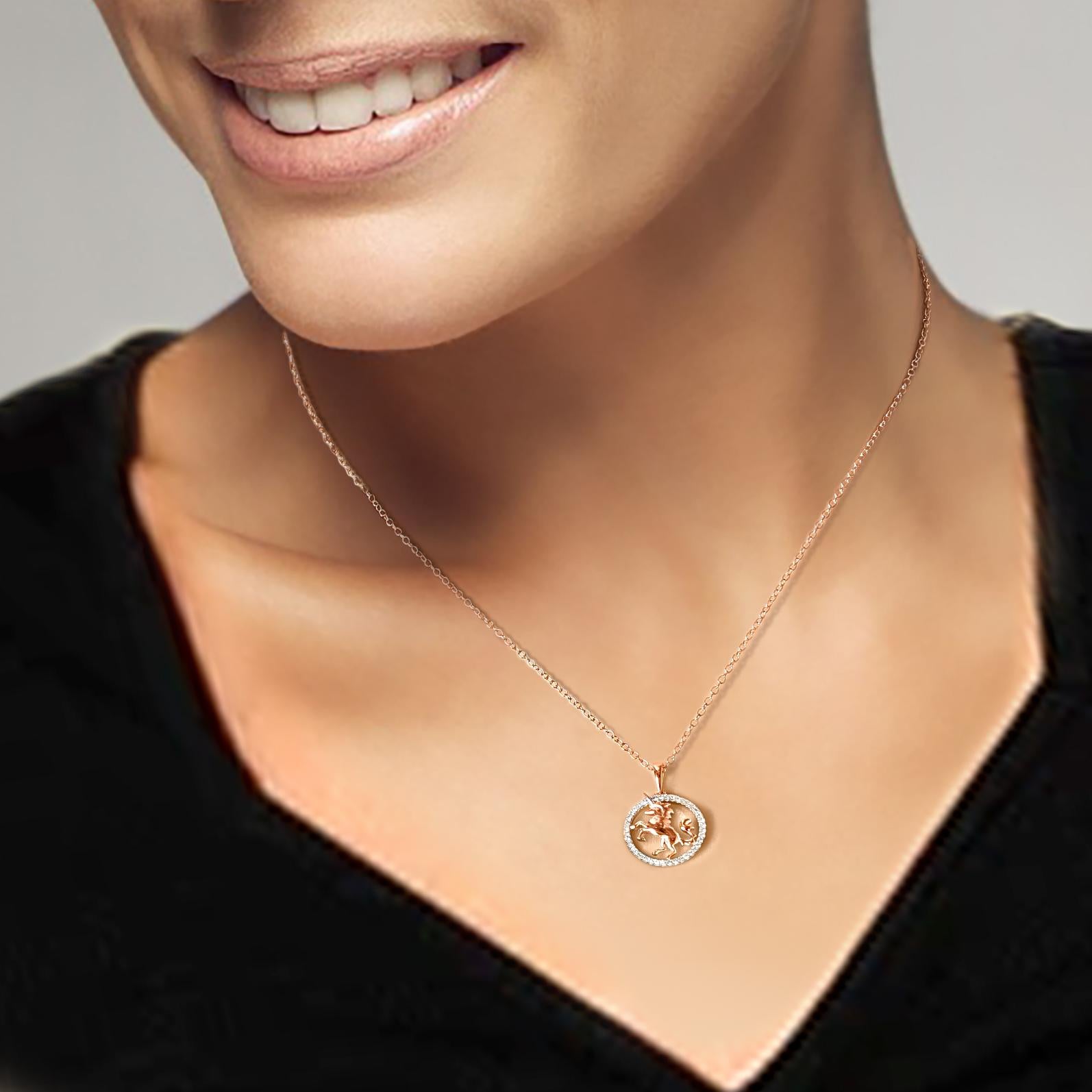 TJD 0.12 Carat Round Diamond 14 Karat Rose Gold Flying Unicorn Circle Pendentif Pour femmes en vente