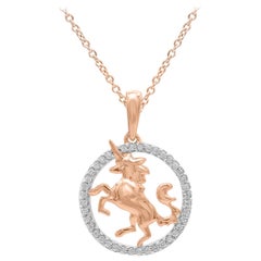 TJD 0.12 Carat Round Diamond 14 Karat Rose Gold Flying Unicorn Circle Pendant