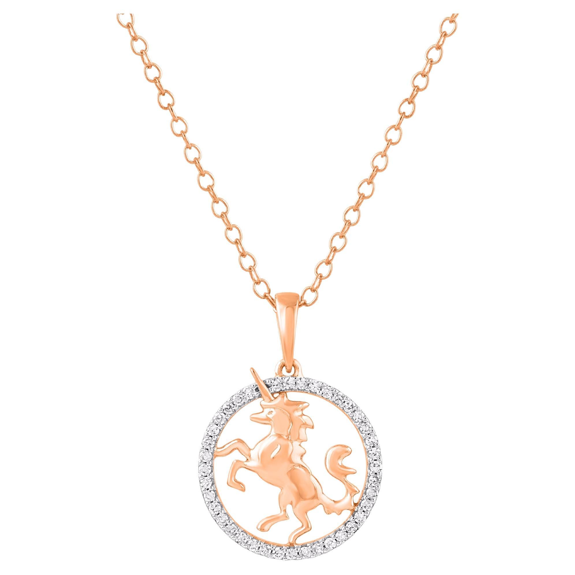 TJD 0.12 Carat Round Diamond 14 Karat Rose Gold Flying Unicorn Circle Pendant For Sale