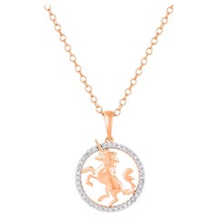 TJD 0.12 Carat Round Diamond 14 Karat Rose Gold Flying Unicorn Circle Pendant