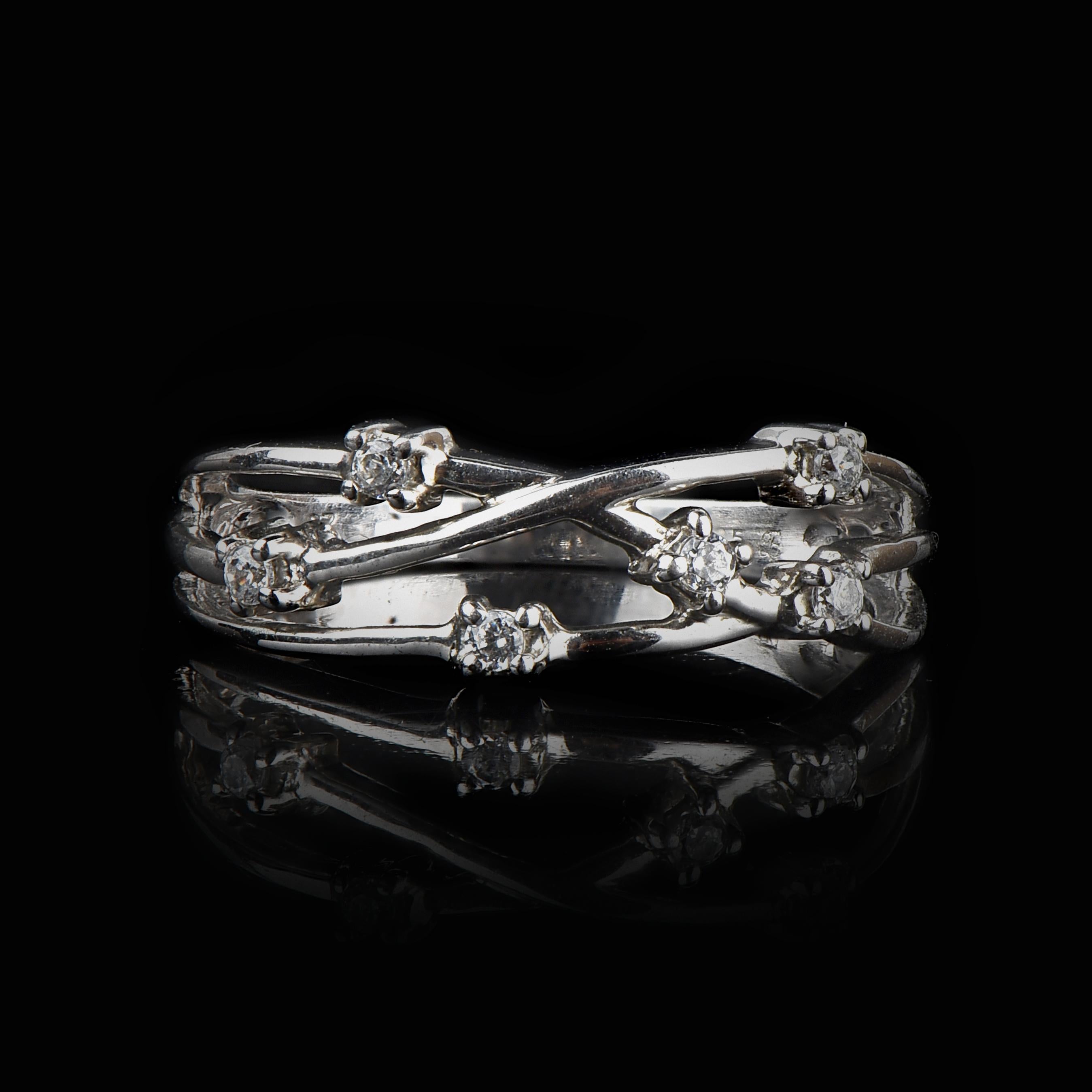 Art Deco TJD 0.12 Carat Round Diamond 14 Karat White Gold Crossover Designer Fashion Ring For Sale