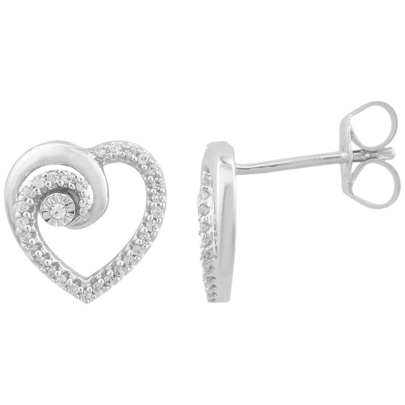 TJD 0.12 Carat Round Diamond 14 Karat White Gold Spiral Heart Stud Earrings