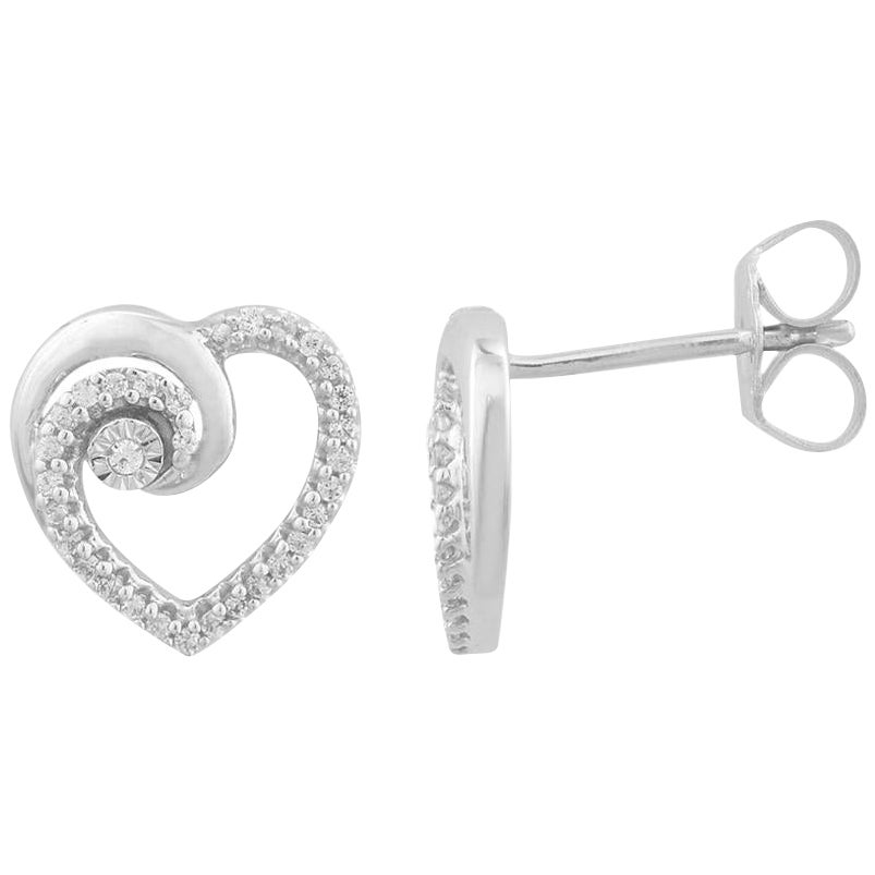 TJD 0.12 Carat Round Diamond 14 Karat White Gold Spiral Heart Stud Earrings