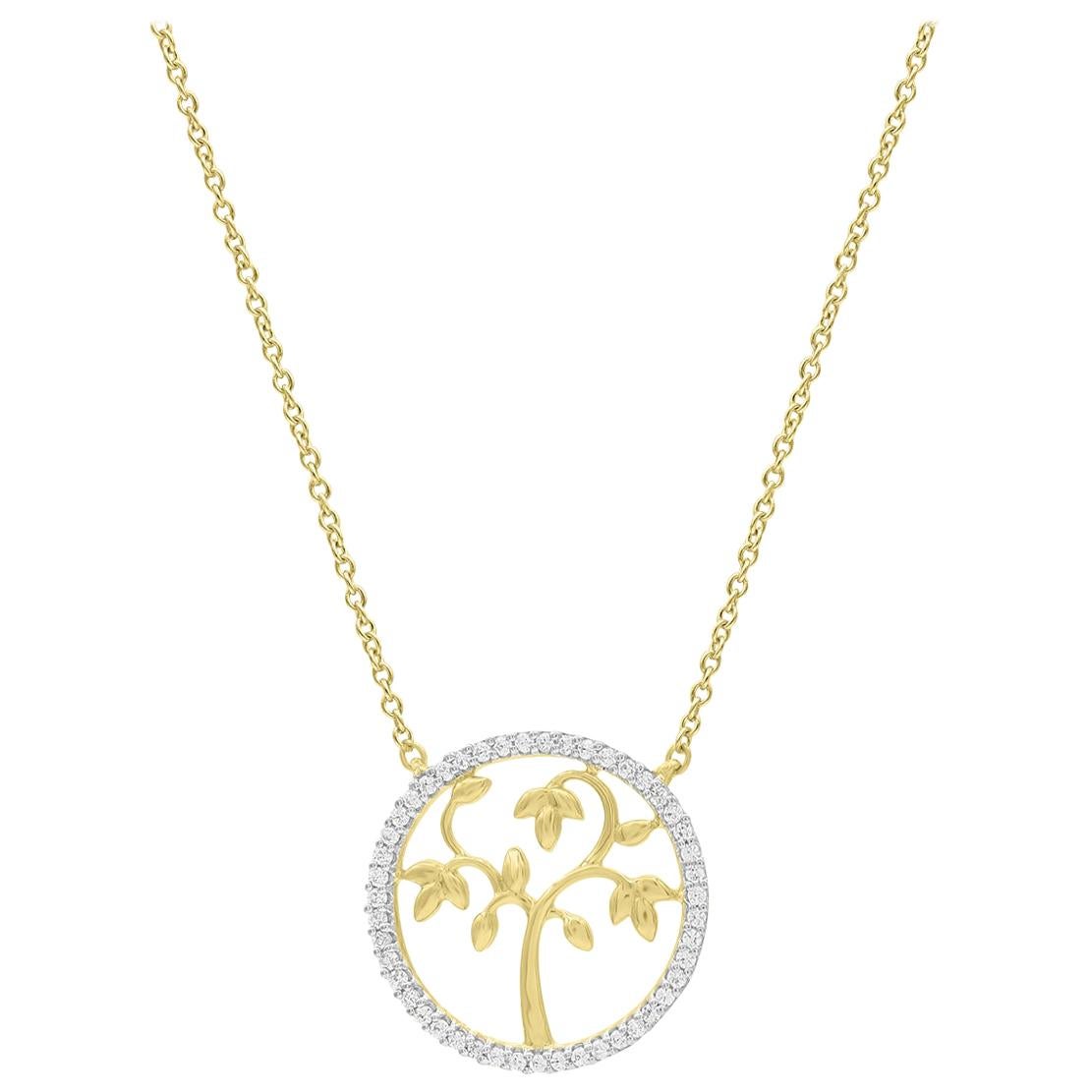 Collier arbre de vie de créateur en or jaune 14 carats avec diamants ronds 0,12 carat, certifié TJD en vente