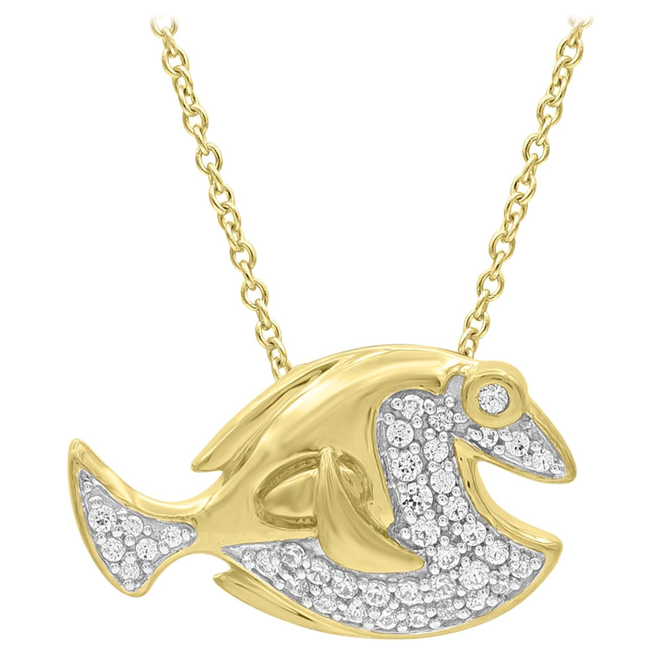 Pendentif à la mode en forme de poisson en or jaune 14 carats avec diamants ronds de 0,12 carat, certifié TJD