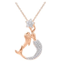 TJD 0.12 Carat Round Diamond 14K Rose Gold Mermaid Motif Star Fashion Pendant