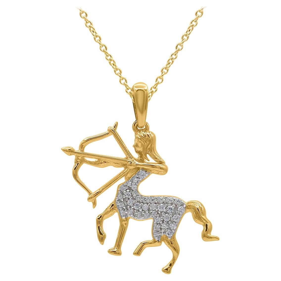 TJD Pendentif Centaure en or jaune 14K avec diamant rond de 0,12 carat