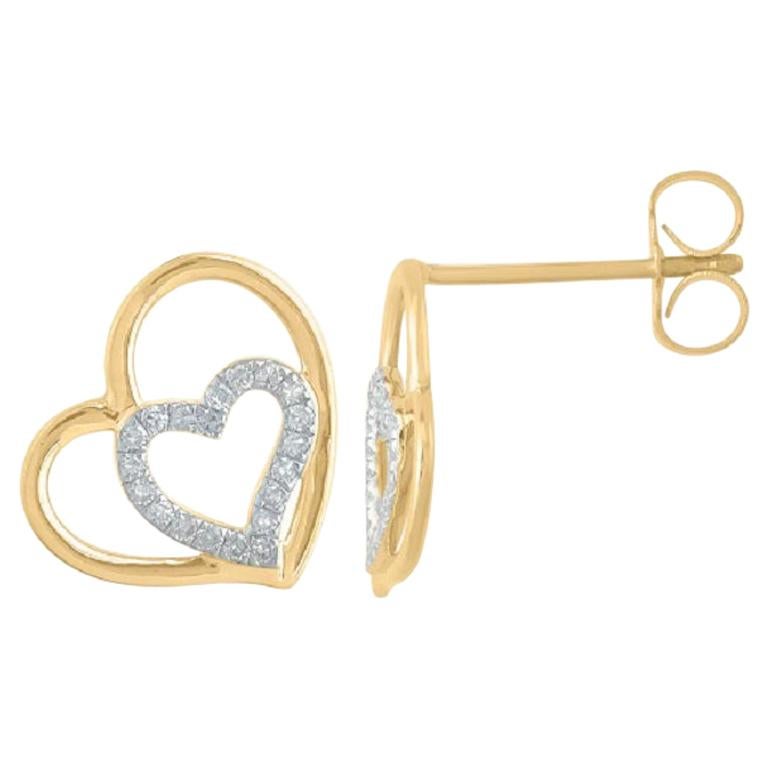 TJD 0.12 Carat Round Diamond 14K Yellow Gold Double Tilted Heart Stud Earrings For Sale