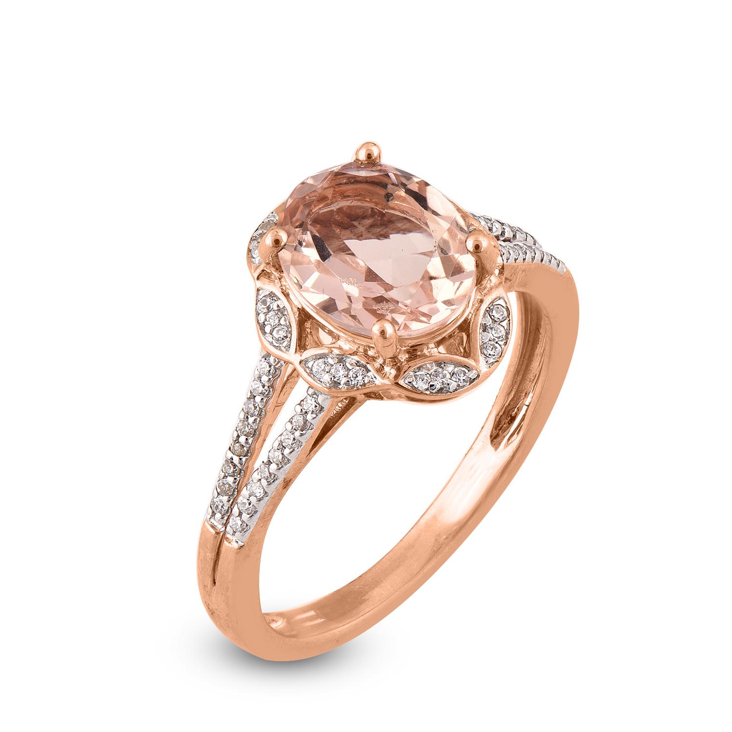 If you want to truly impress your lady with a pretty engagement ring, you’ll want to consider a morganite stone. Crafted in 14 Karat Rose gold and studded with 56 diamonds on frame and shank and centered 1 Oval cut morganite set in prong and pave