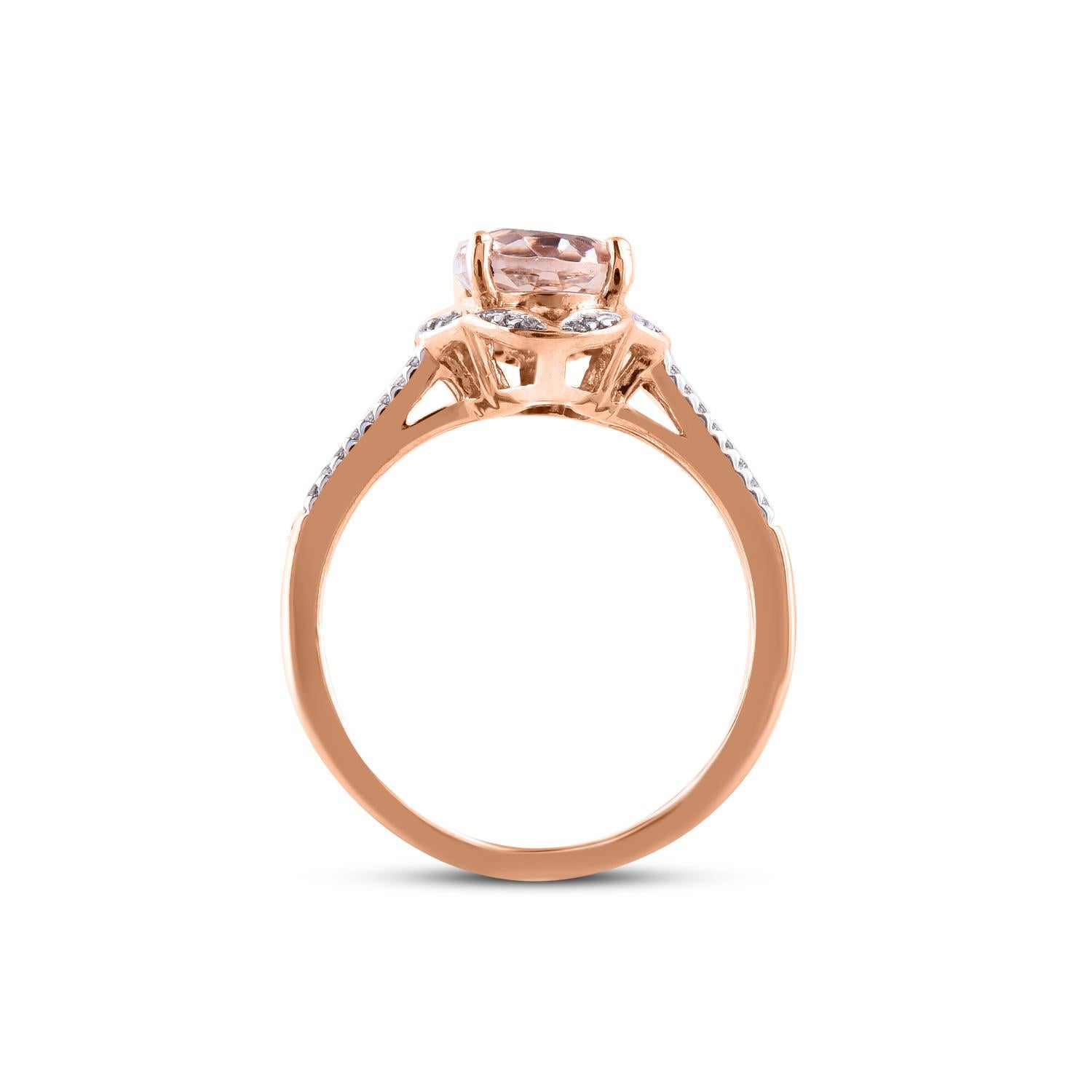 Art Deco TJD 0.12 Carat round Diamond and 9X7 mm Oval Morganite 14 Karat Rose Gold Ring For Sale