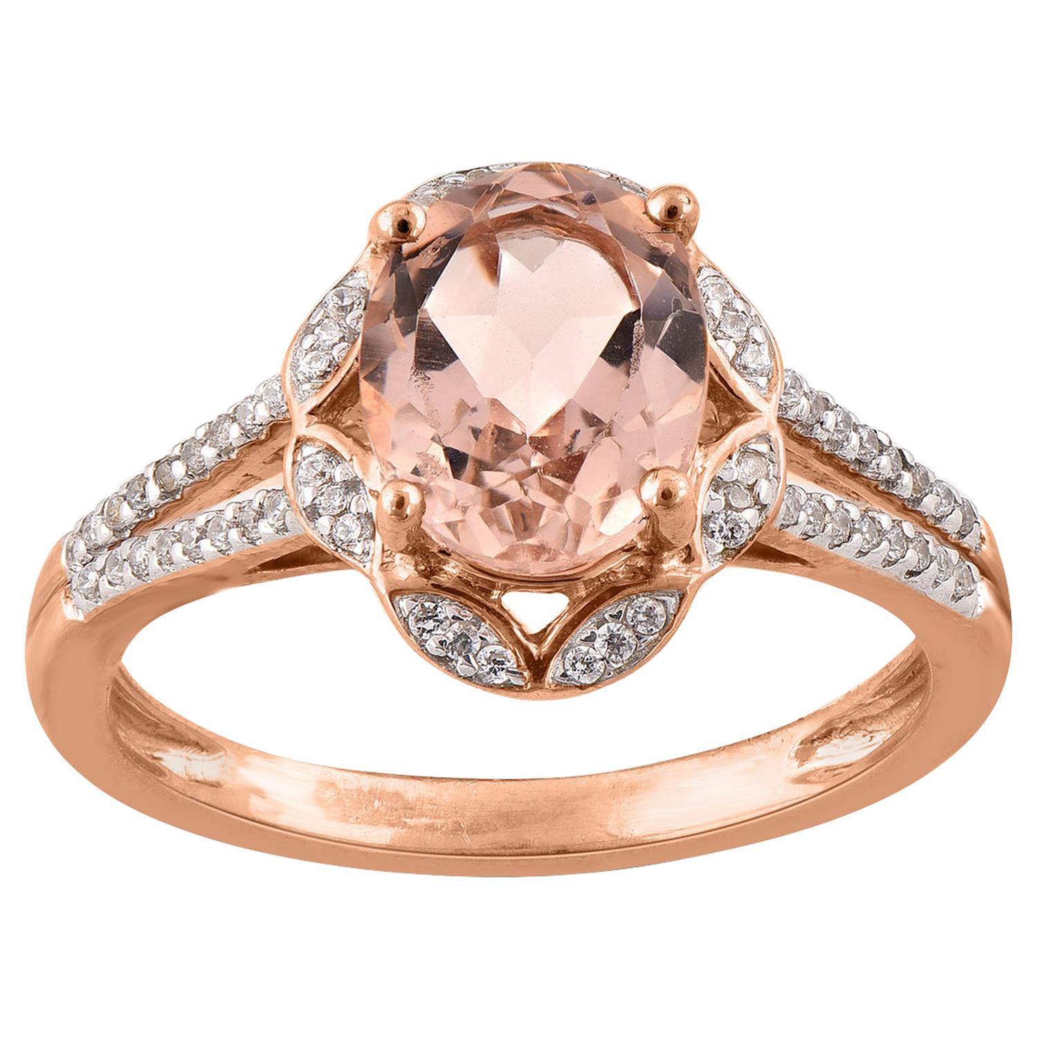 TJD 0.12 Carat round Diamond and 9X7 mm Oval Morganite 14 Karat Rose Gold Ring For Sale