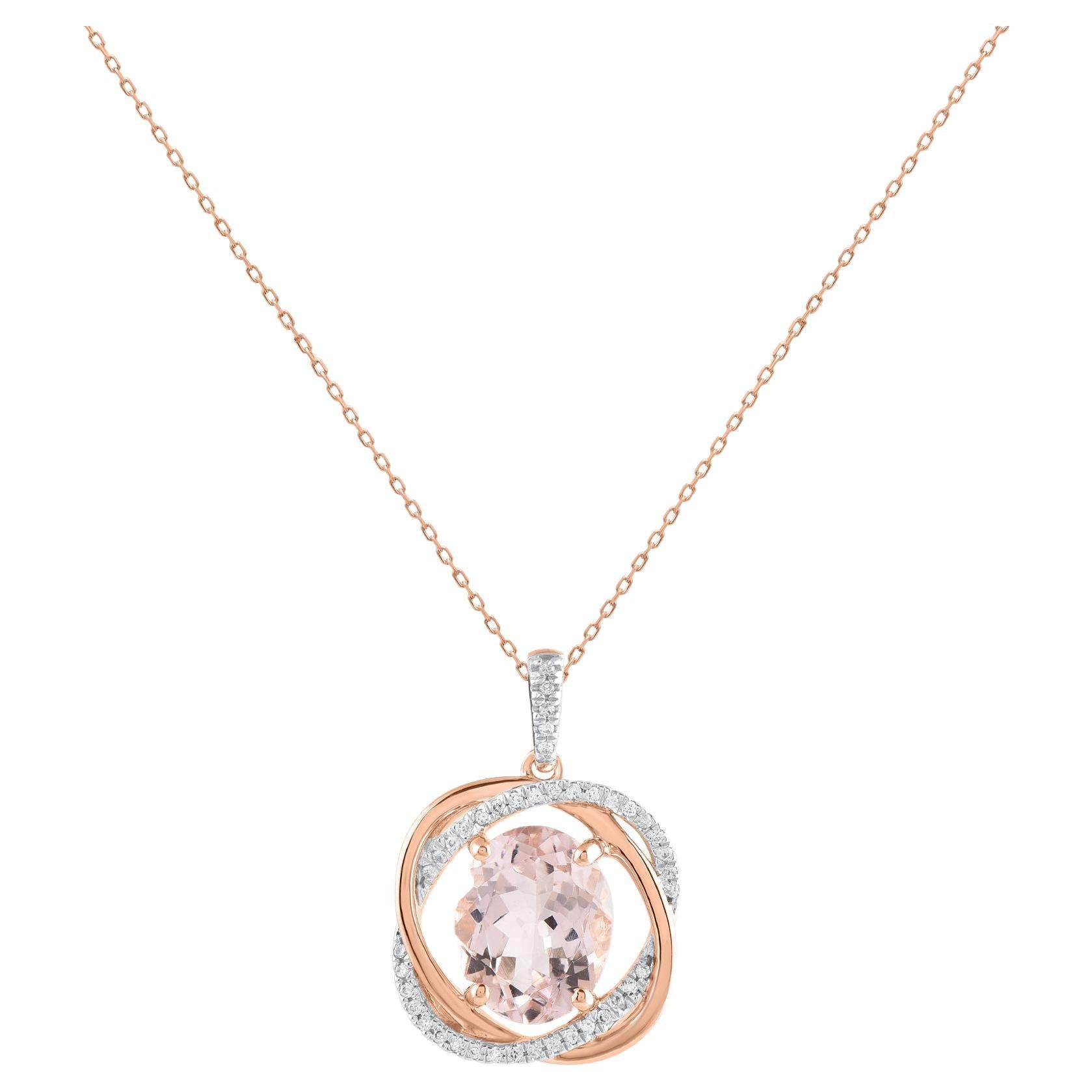 TJD 0.12 Ct Diamond and 2 Ct Oval Morganite Pendant Necklace in 14KT Rose Gold For Sale