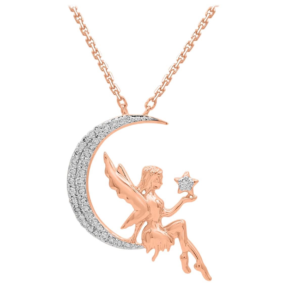 TJD 0.12 CT Round Diamond 14K Rose Gold Designer Crescent Moon Angel Pendant