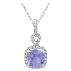TJD 0.12 CTW Diamond 
6X6MM Cushion Cut Tanzanite 14 K White Gold Halo Pendant