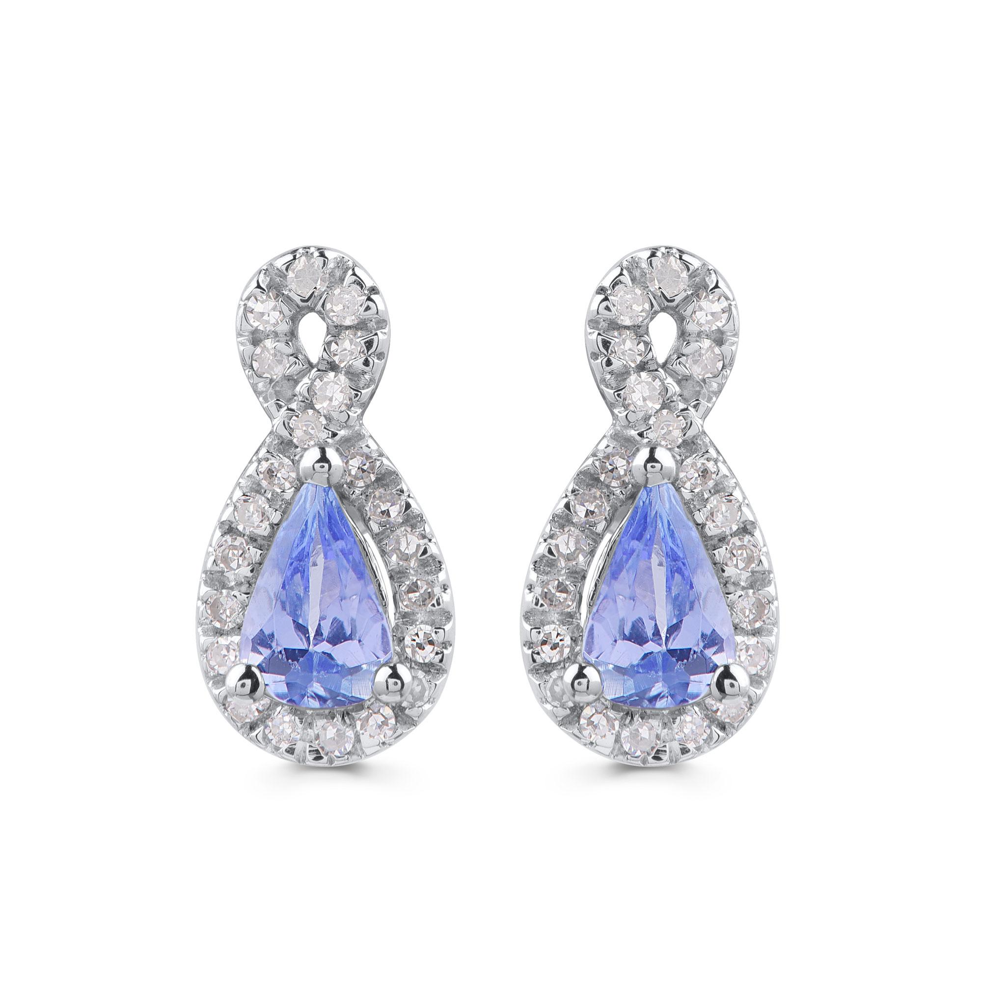 Moderne Boucles d'oreilles Infinity en or blanc 10 carats, diamant 0,12 carat et tanzanite poire 5 x 3 mm TJD en vente