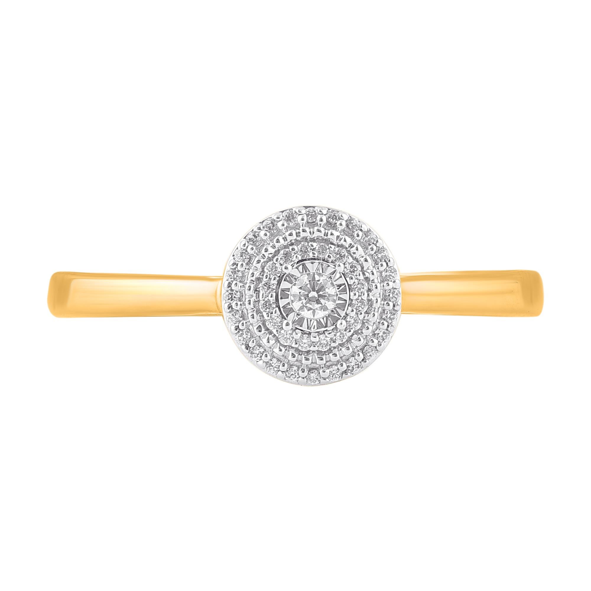 Esprimi il tuo amore per lei nel modo più classico con questo anello di diamanti. Realizzato in oro giallo 14 carati. Questa fede nuziale presenta uno scintillante diamante rotondo a 41 tagli singoli e a taglio brillante splendidamente incastonato