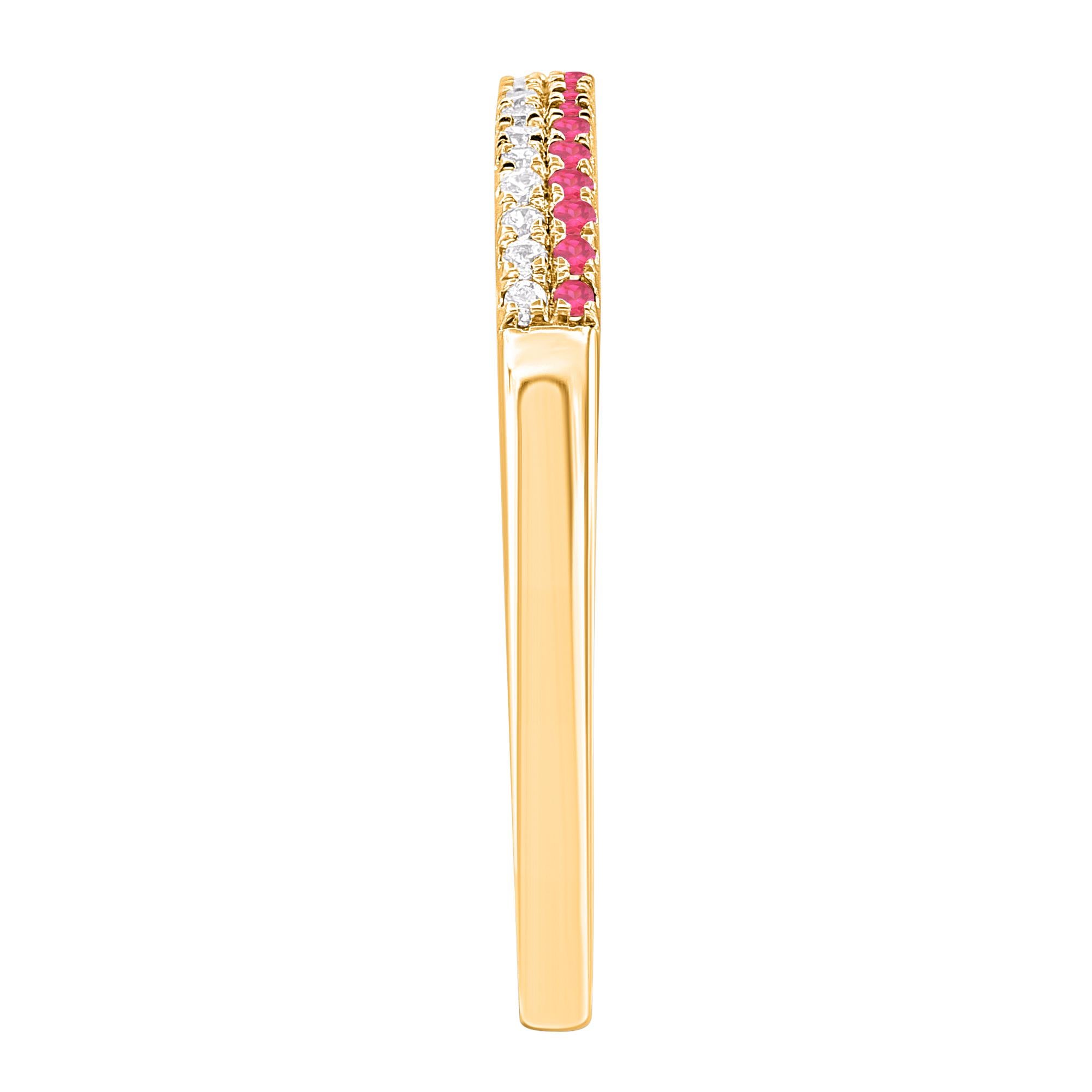 Taille ronde TJD 0.13 Carat Ruby and 0.10 Carat Diamond 14 Karat Yellow Gold 2 Row Band Ring (bague à deux rangs en or jaune 14 carats) en vente