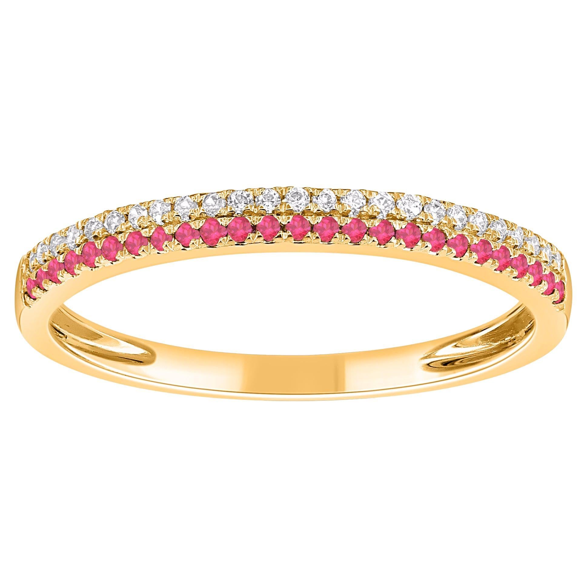 TJD 0.13 Carat Ruby and 0.10 Carat Diamond 14 Karat Yellow Gold 2 Row Band Ring