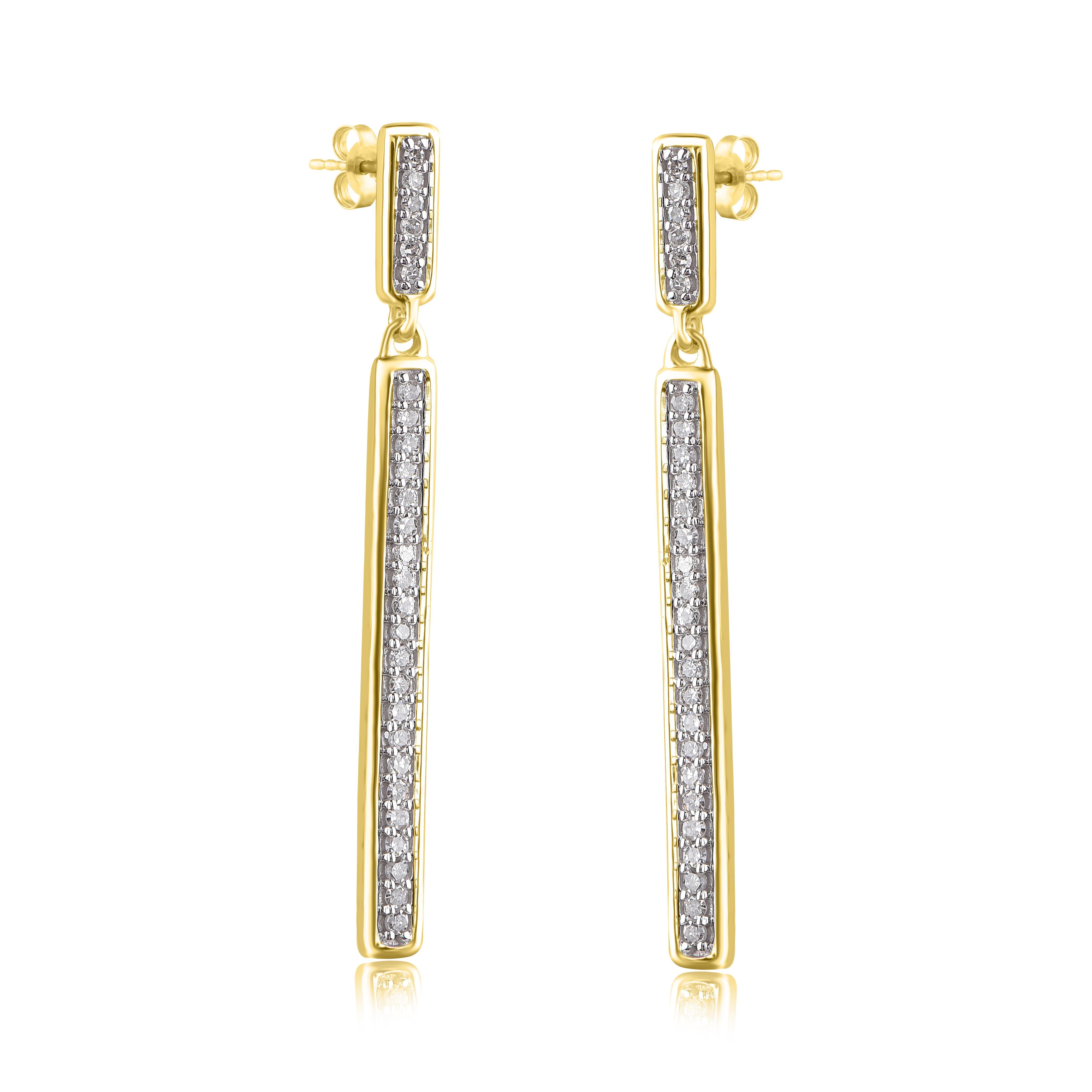Round Cut TJD 0.15 Carat 14 Karat Yellow Gold Natural Round Diamond Linear Drop Earrings For Sale