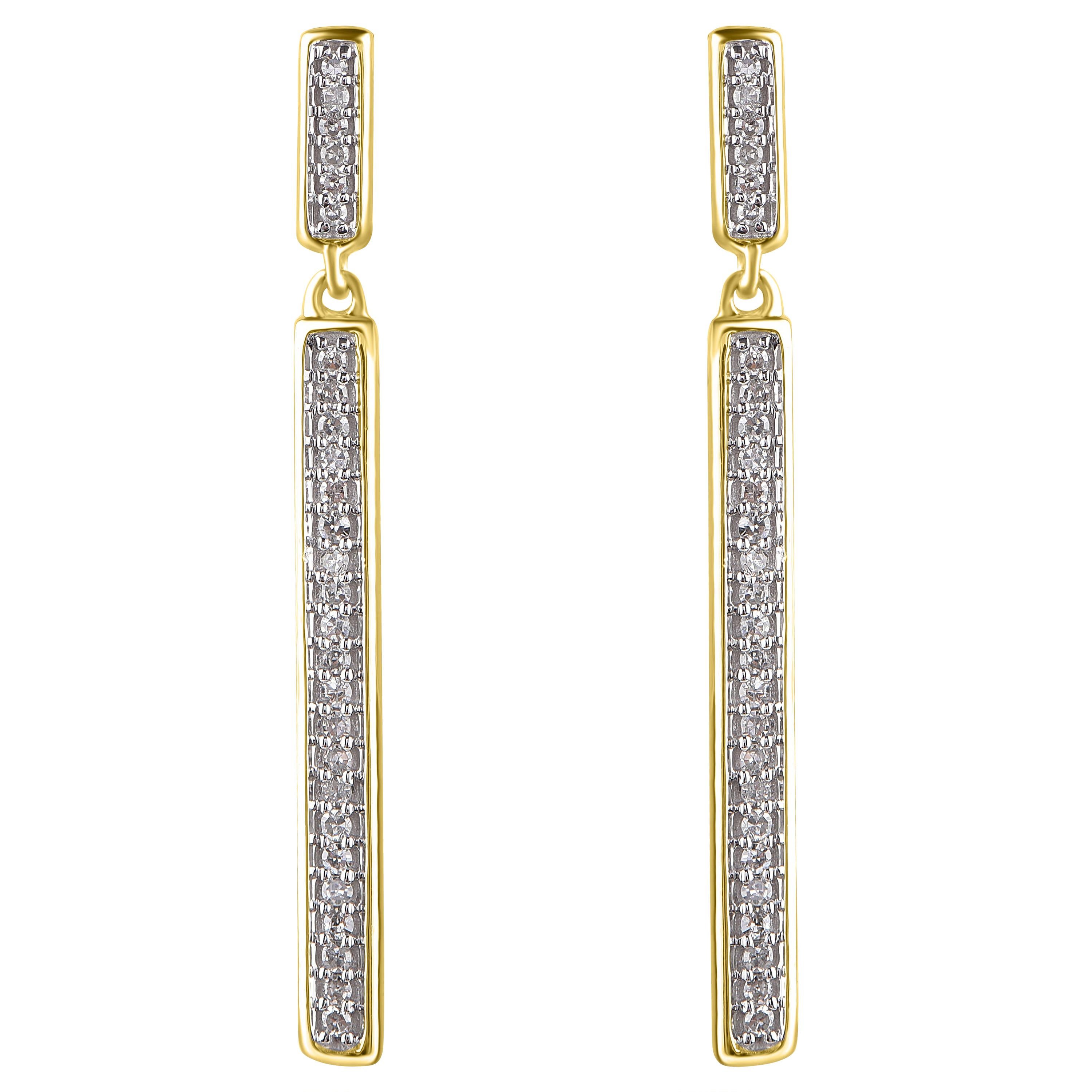 TJD 0.15 Carat 14 Karat Yellow Gold Natural Round Diamond Linear Drop Earrings For Sale