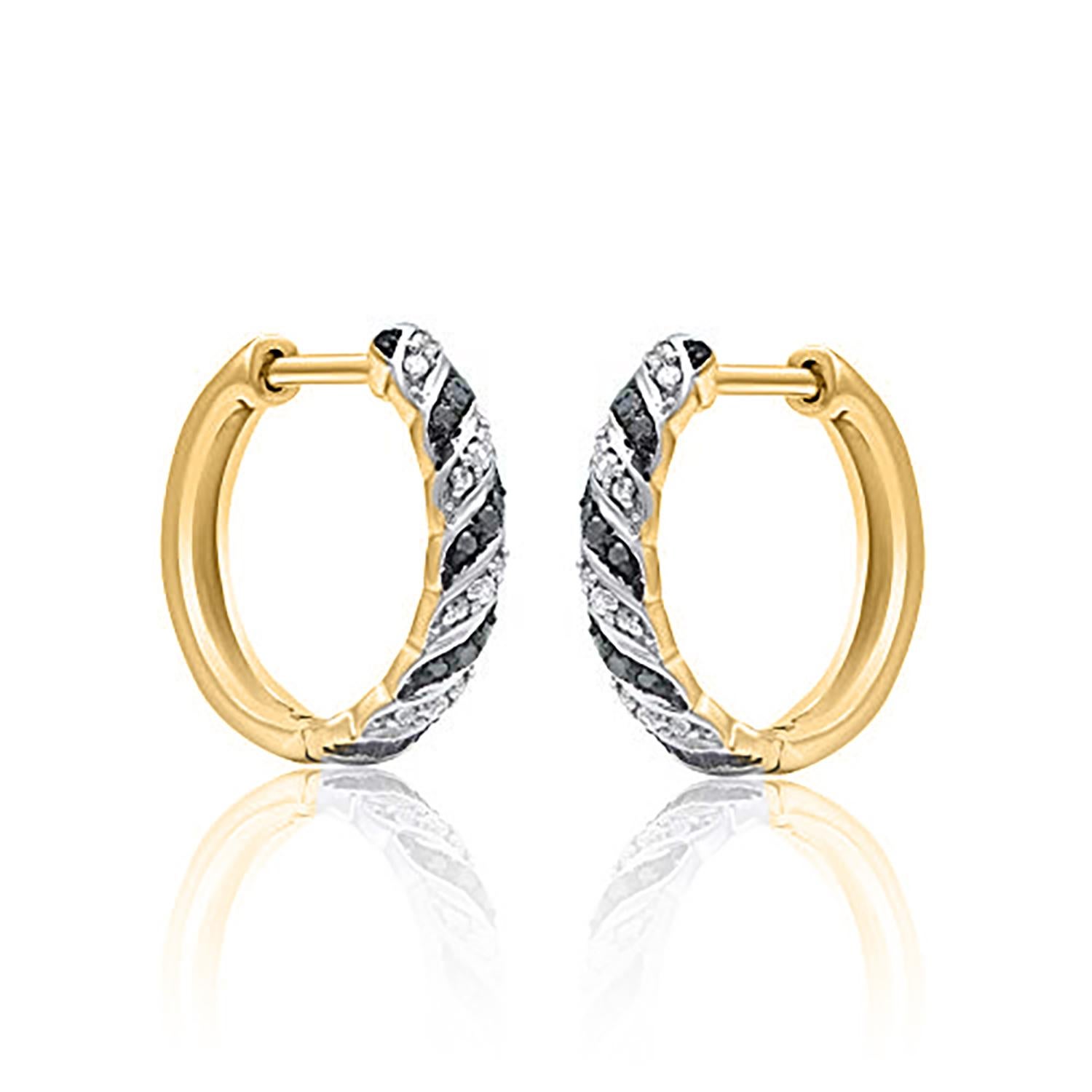 Classic and stylish diamond studded hoop earrings! perfect for daily wear. Crafted in 14 Karat yellow gold with 40 single cut diamond and black treated diamond in pave setting. These earring secure with hinged backs. The white diamonds are graded as
