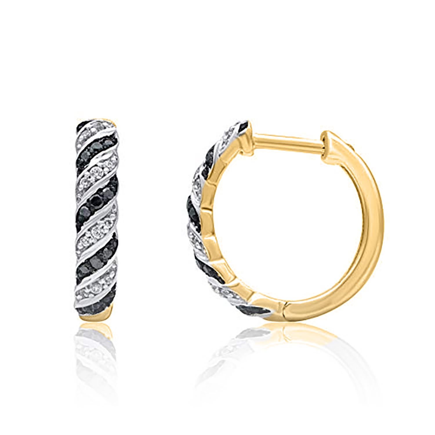 Modern TJD 0.15 Carat Black Treated & White Diamond 14 Karat Gold Huggie Hoop Earrings For Sale
