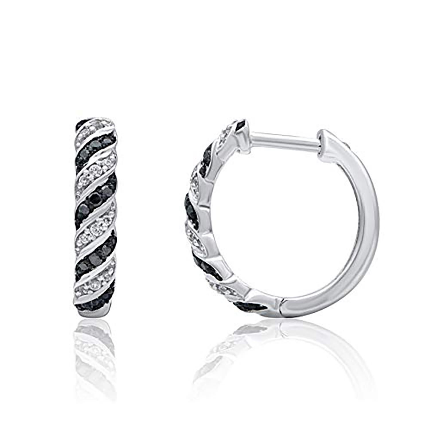 Modern TJD 0.15 Carat Black Treated & White Diamond 14KT Gold Huggie Hoop Earrings For Sale