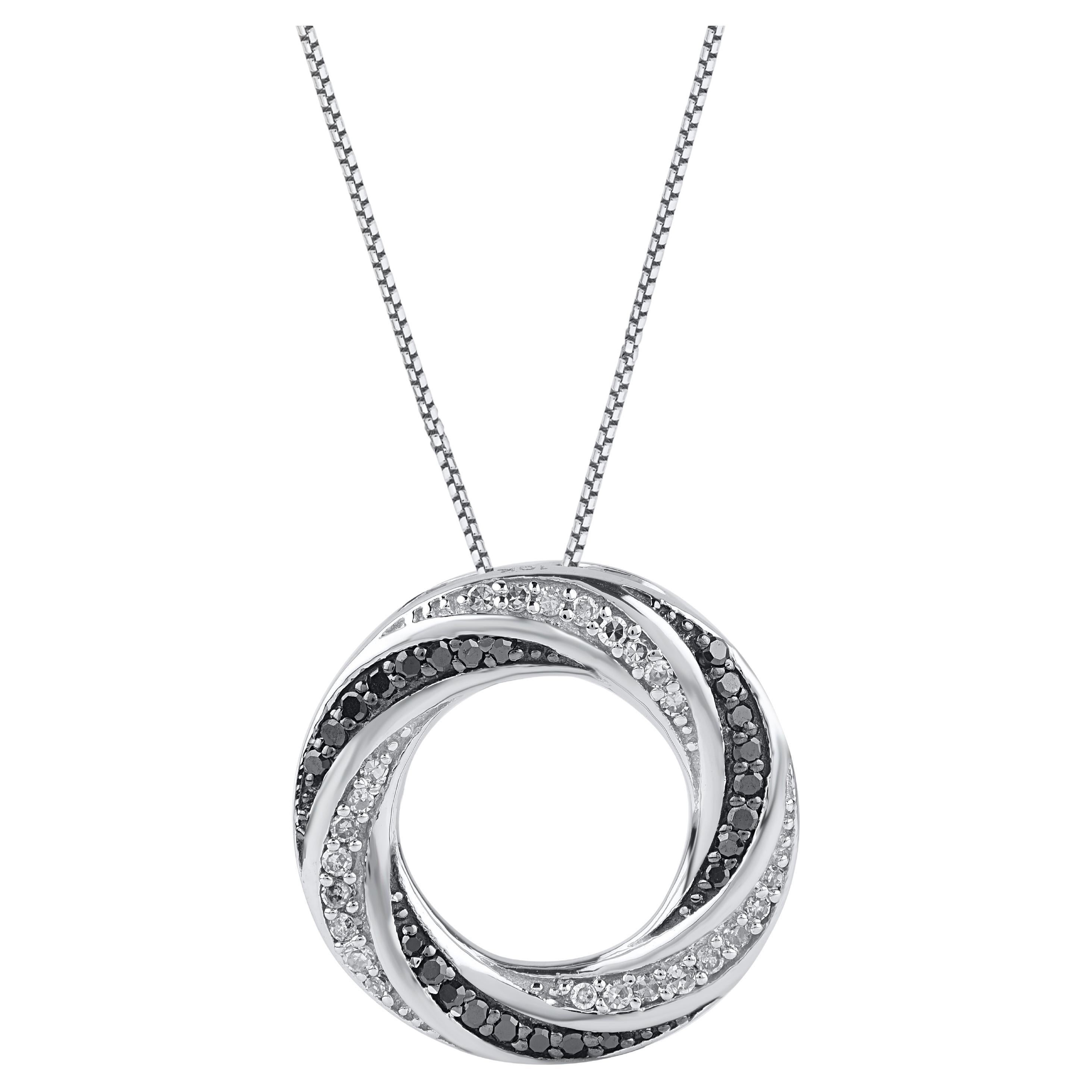 TJD 0.15 Carat Black & White Diamond 14 Karat White Gold Circle Pendant Necklace For Sale