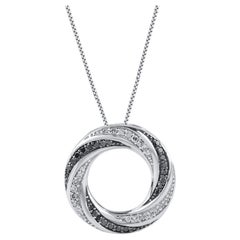 TJD Collier pendentif cercle en or blanc 14 carats avec diamant noir et blanc de 0,15 carat