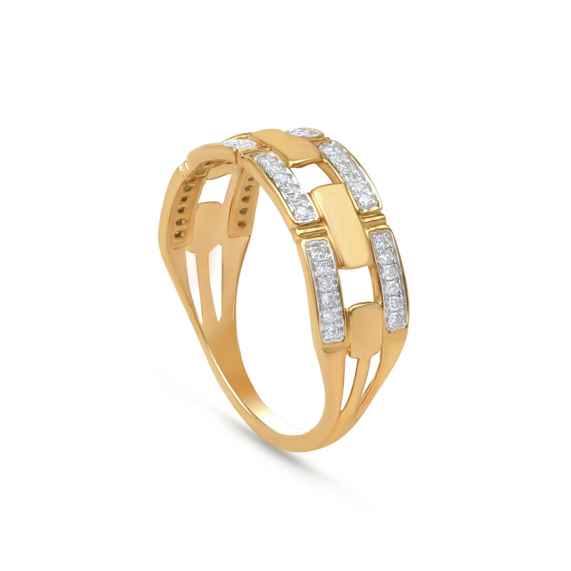 Modern TJD 0.15 Carat Diamond 18 Karat Yellow Gold 3 Row Brick Pattern Wedding Ring For Sale