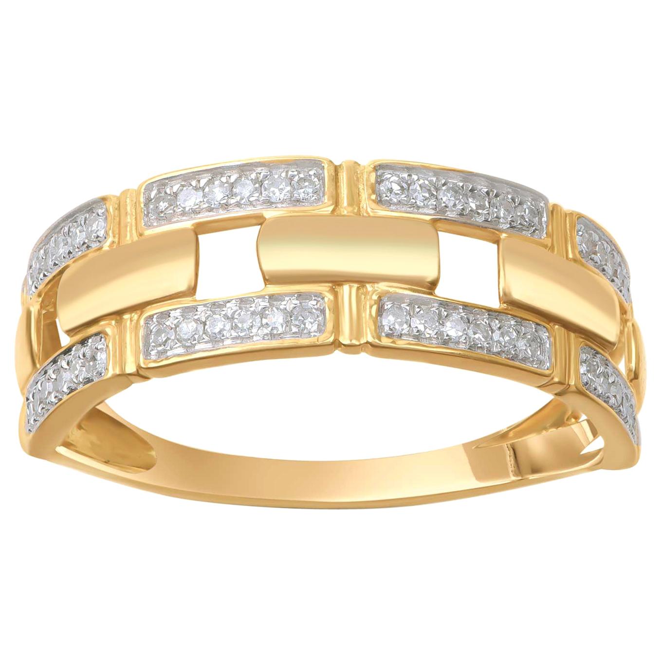 TJD 0.15 Carat Diamond 18 Karat Yellow Gold 3 Row Brick Pattern Wedding Ring
