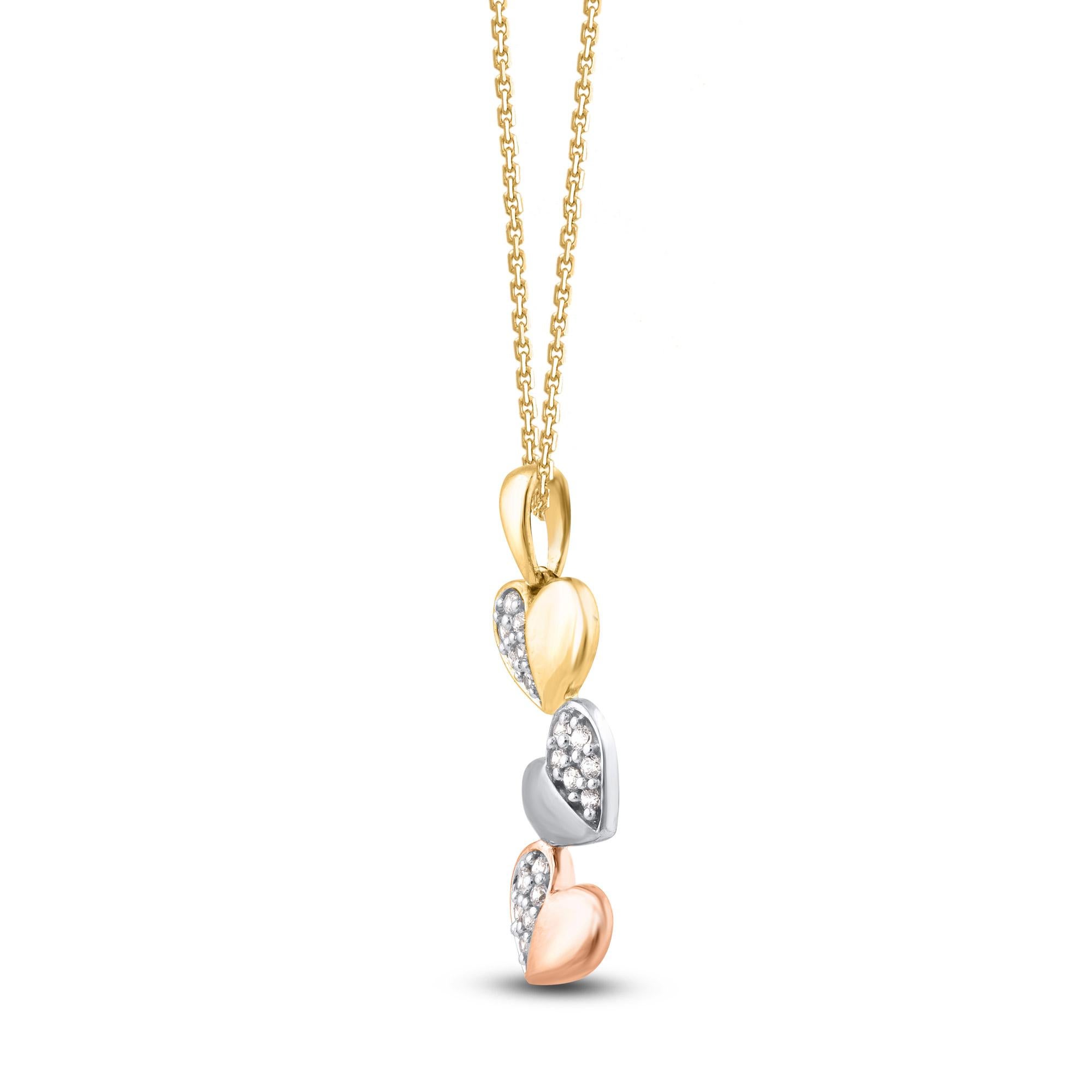 Bring charm to your look with this diamond heart pendant necklace. The pendant is crafted from 14 karat tri color gold and features 18 round brilliant cut diamond set in pave setting and a high polish finish complete the brilliant sophistication of