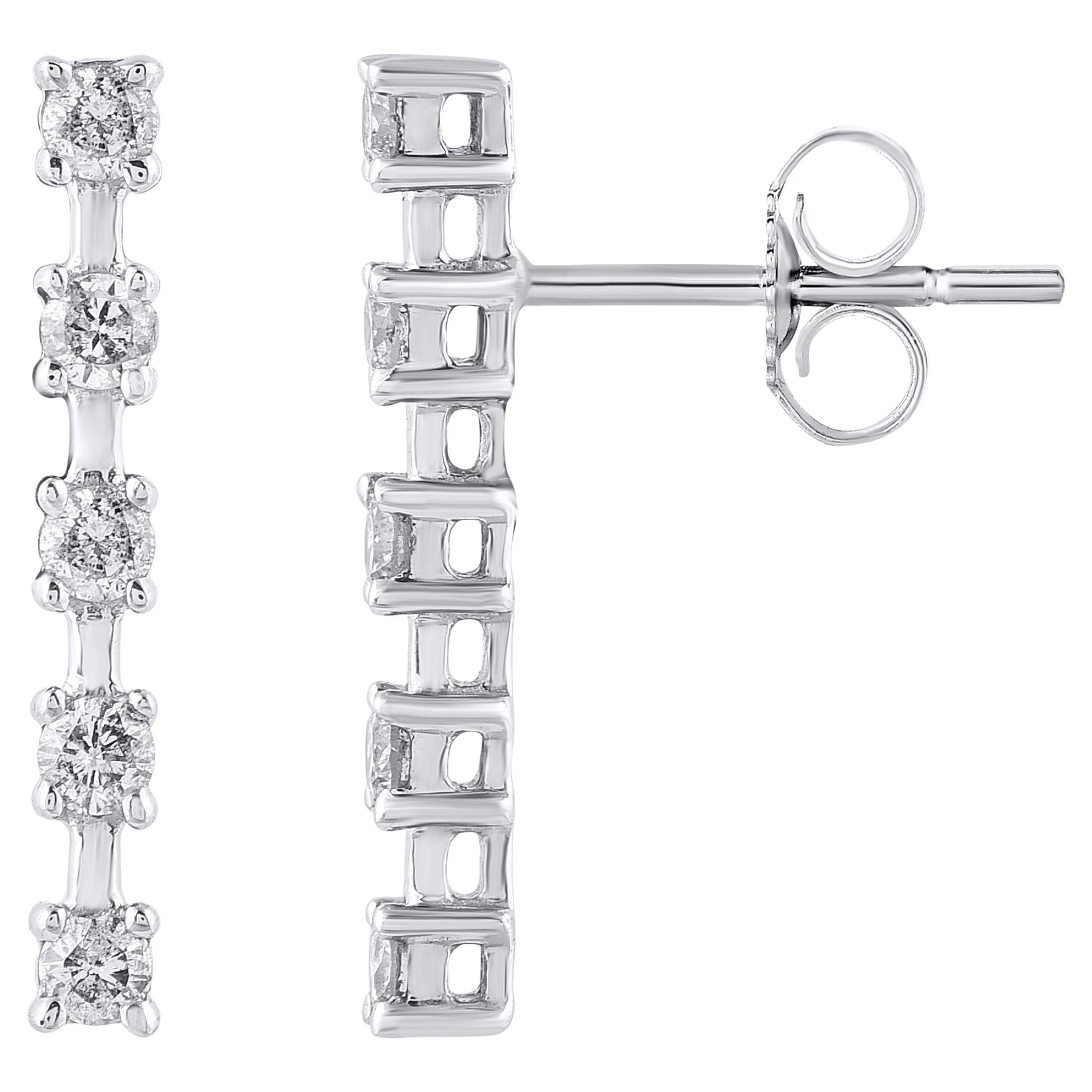 TJD 0.15 Carat Brilliant Cut Diamond 14 Karat White Gold Linear Drop Earrings