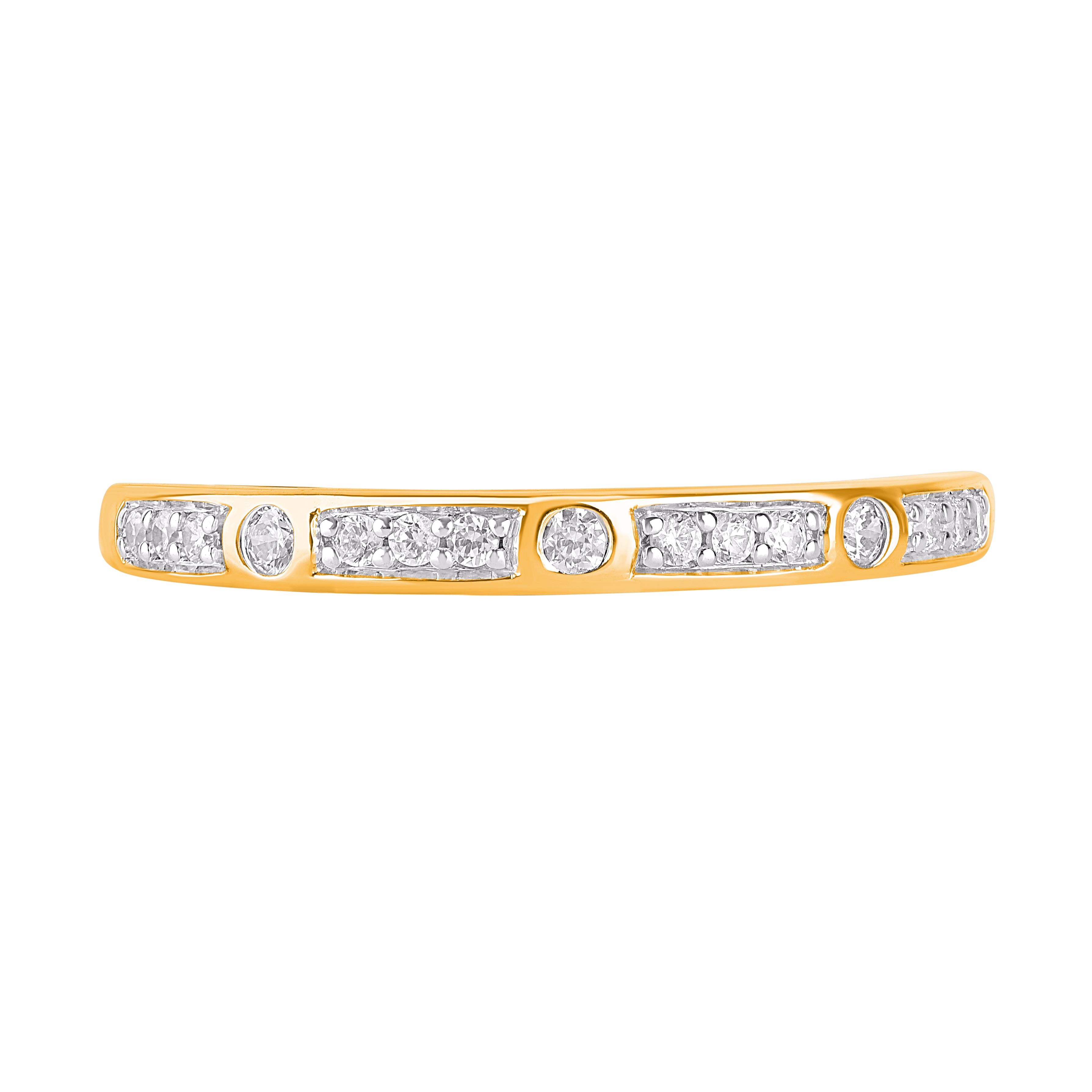 Honor your special day with this exceptional diamond band ring. These band ring are studded with 15 brilliant cut natural diamonds in 14 karat yellow gold in pave and bezel setting . Total diamond weight is 0.15 carat. The white diamonds are graded