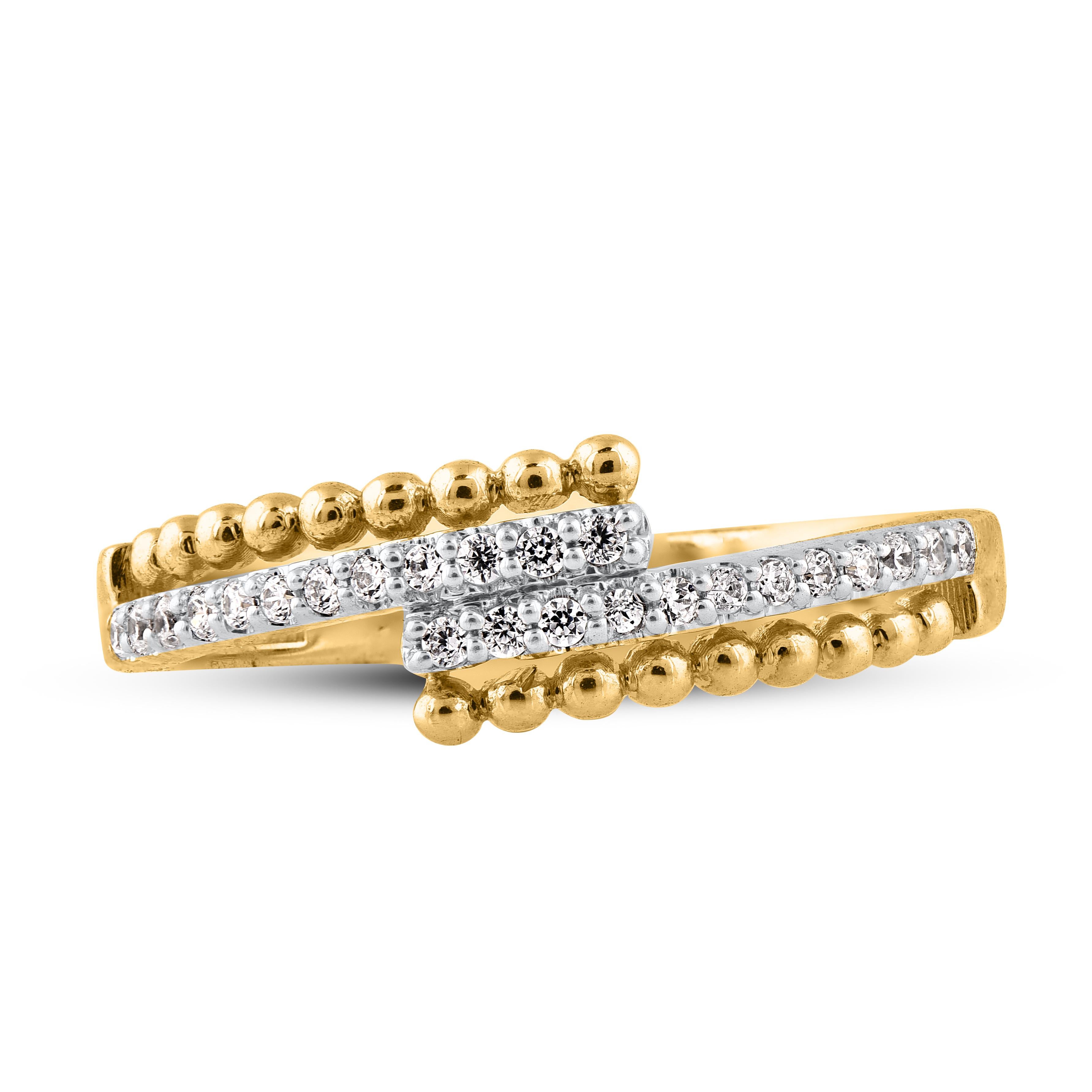 Sure to become an instant favorite, this sparking diamond bypass wedding band celebrates your romance. The ring is crafted from 14-karat gold in your choice of white, rose, or yellow, and features round brilliant 24 diamonds, prong set, H-I color I2