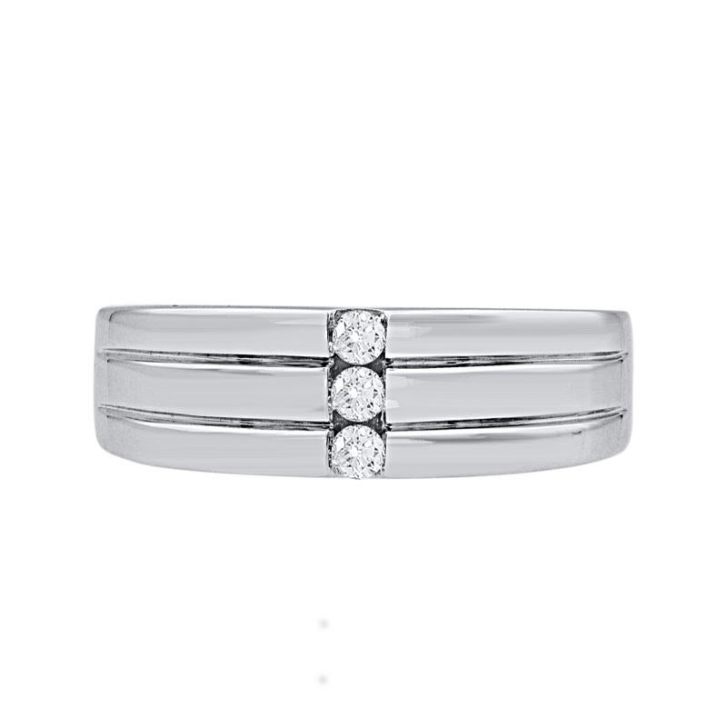 Elegant and luxurious wedding band ring are studded with 3 brilliant cut round diamonds in channel setting and crafted in 14 karat white gold. Total diamond weight is 0.15 carat. The white diamonds are graded as H-I color and I-2 clarity.