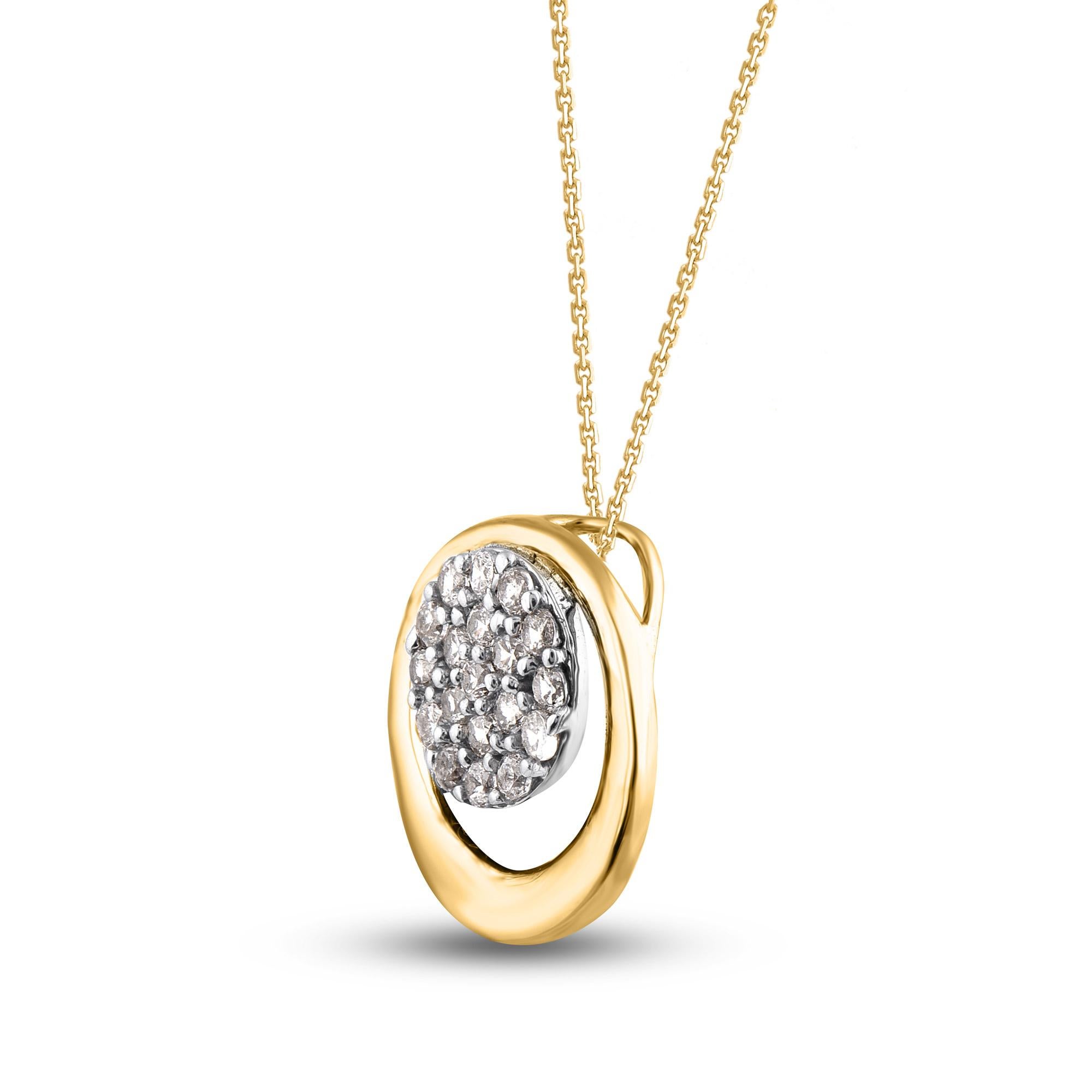 A striking addition when worn on its own, this diamond pendant makes a stunning impression. The pendant is crafted from 14-karat gold in your choice of white, rose, or yellow, and features round brilliant cut 19 white diamonds pave set, H-I color I2