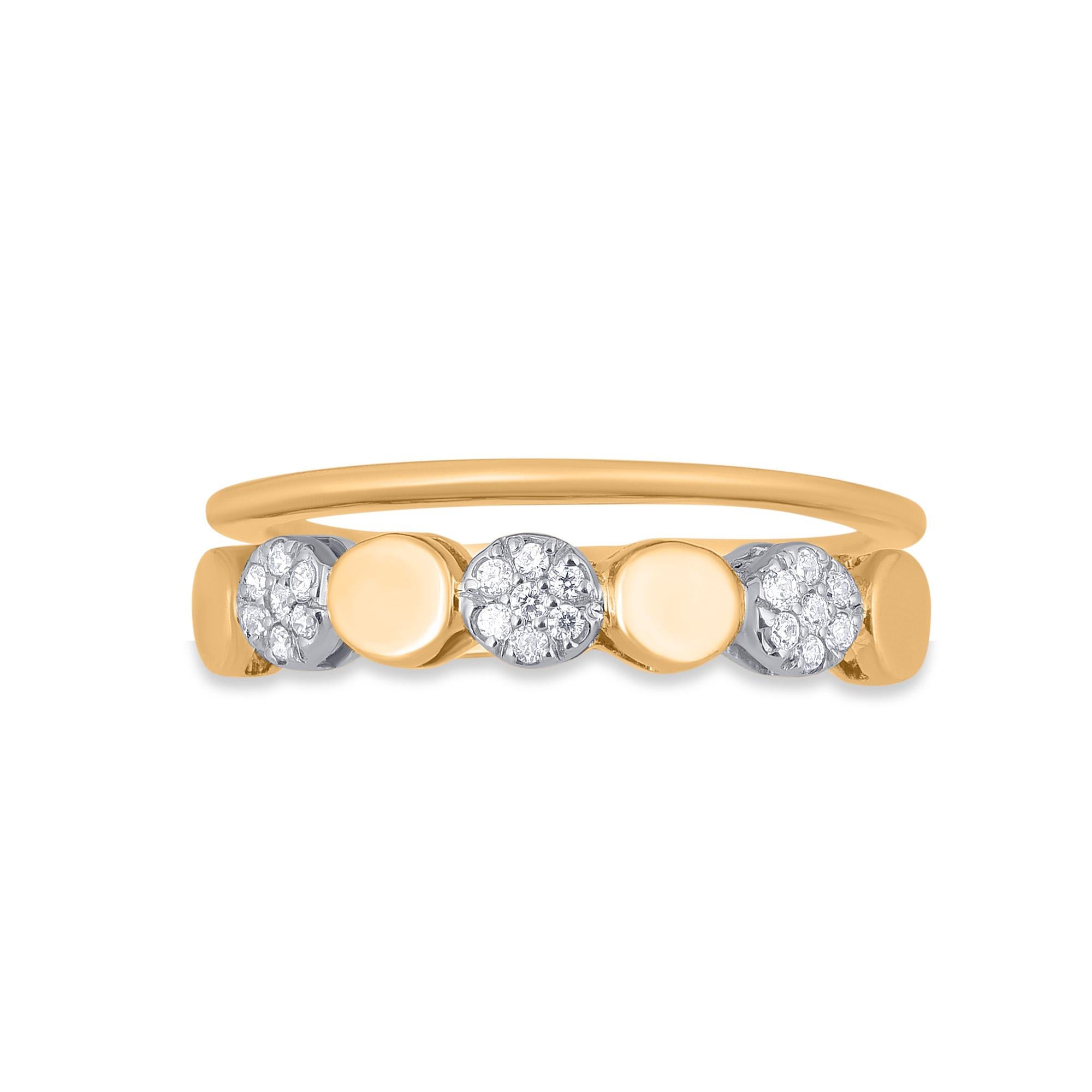 Honor your special day with this exceptional diamond band ring. Crafted in 14 Karat yellow gold. This band ring features a sparkling 21 brilliant cut round diamonds beautifully set in prong setting. The total diamond weight is 0.15 Carat. The