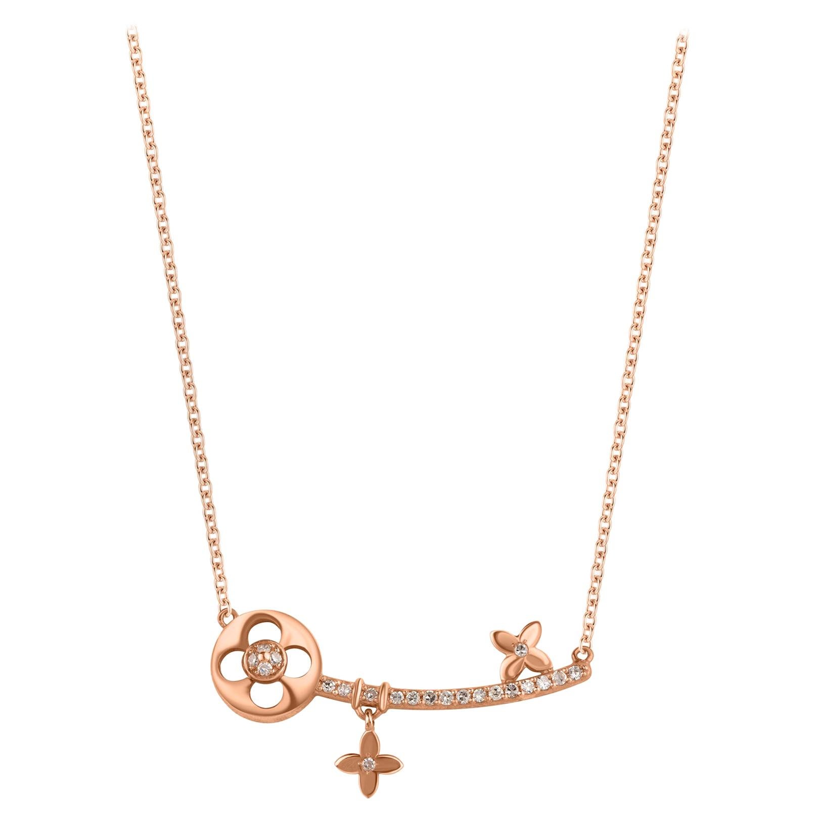 TJD 0.15Carat Diamond 18 Karat Rose Gold Flowery Key Necklace with 18 inch Chain (Collier de clés fleuries en or rose 18 carats avec chaîne de 18 pouces) en vente
