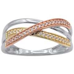 TJD 0.15 Carat Diamond 14 Karat Tri-Color Gold Sparkling Crossover Band Ring